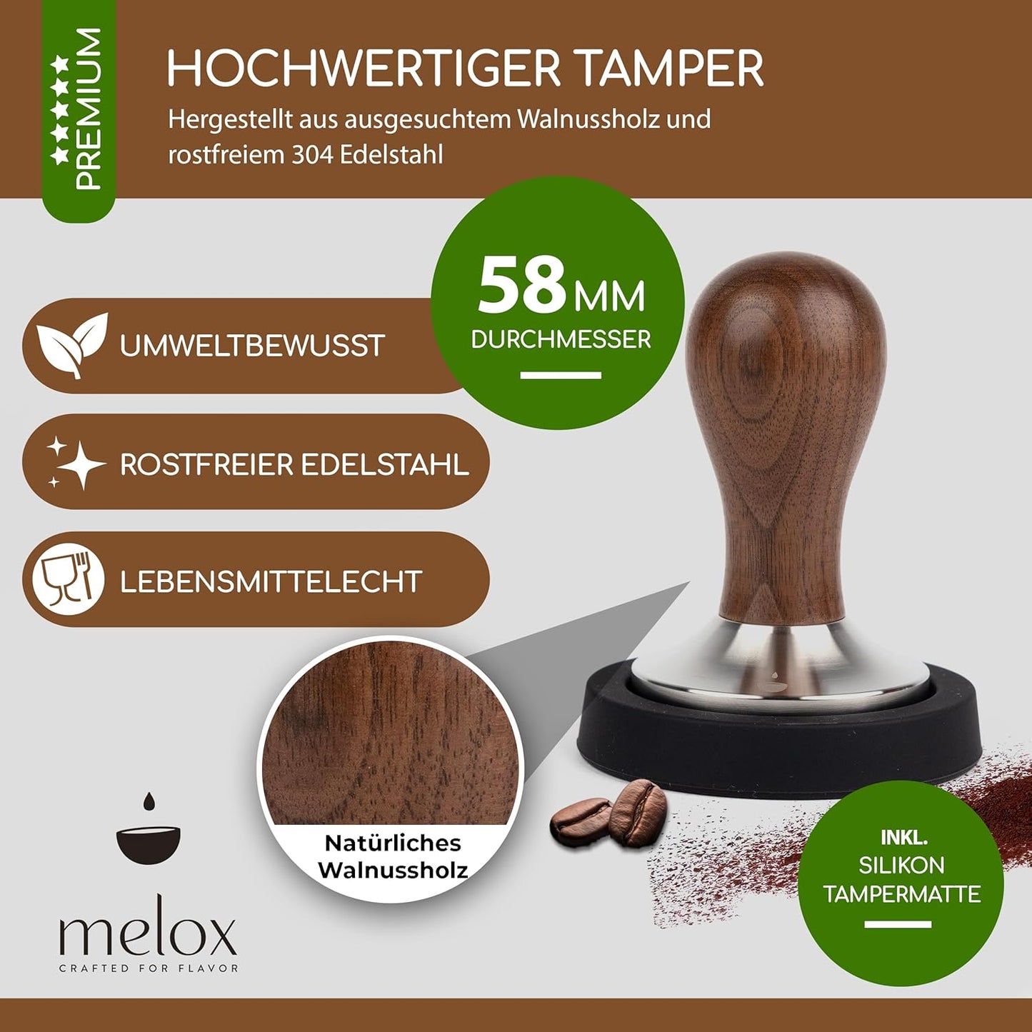 Barista Tamper, 58 mm, Walnussholz 58mm