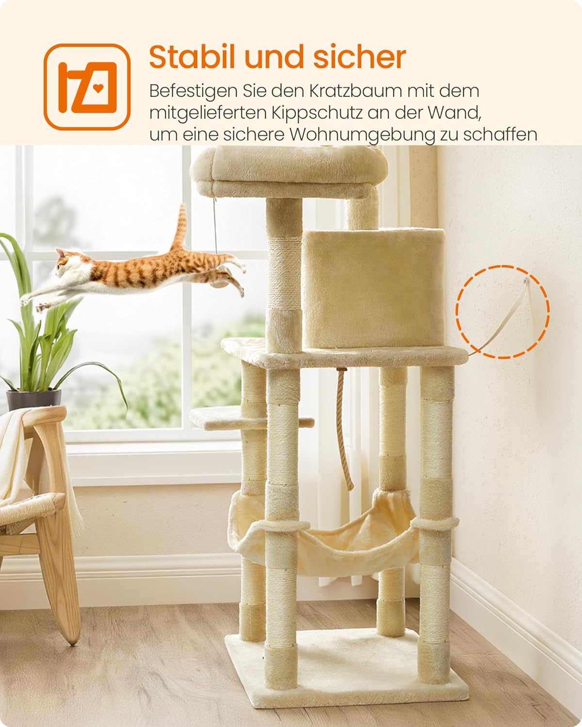 Kratzbaum mit Hängematte und Katzenhöhle, Beige L (55 x 45 x 143 cm)