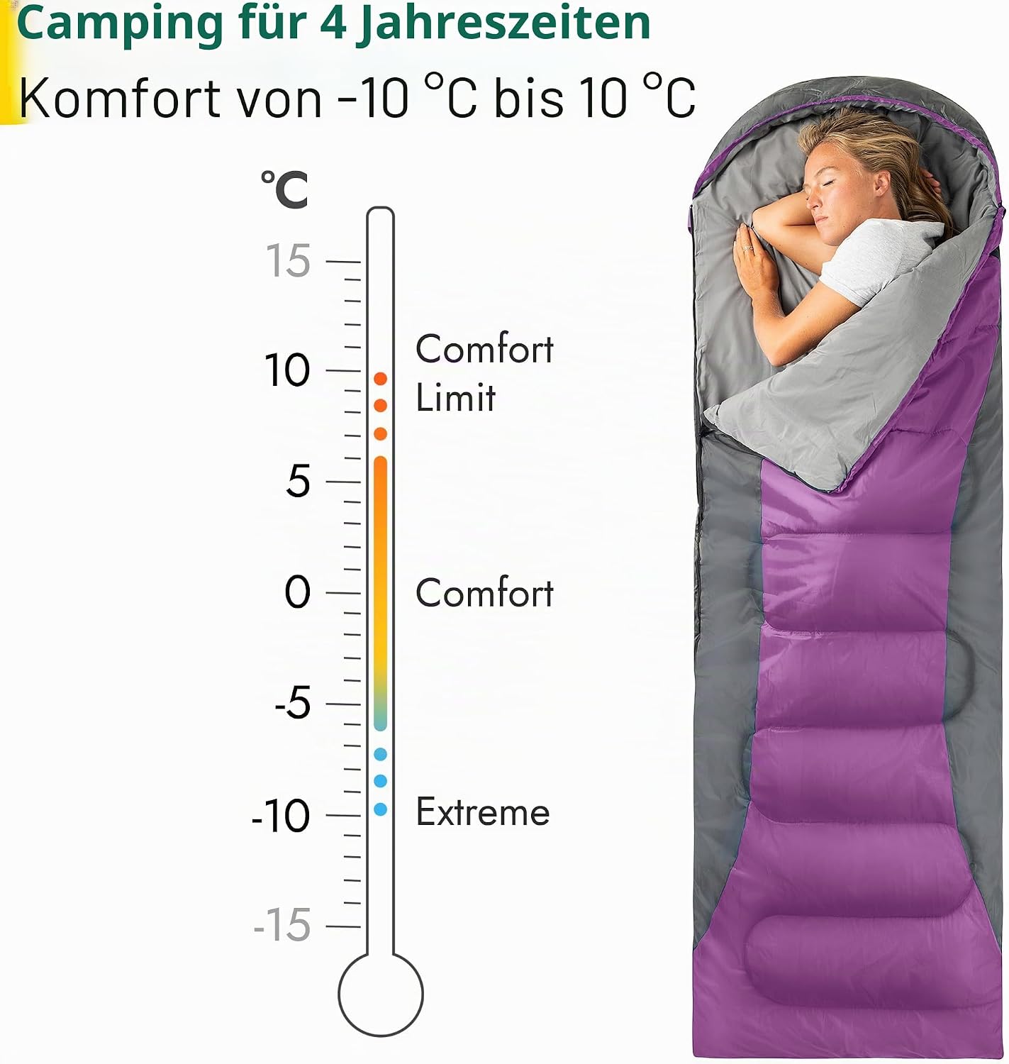 3-Jahreszeiten Schlafsack mit Kapuze, Violett