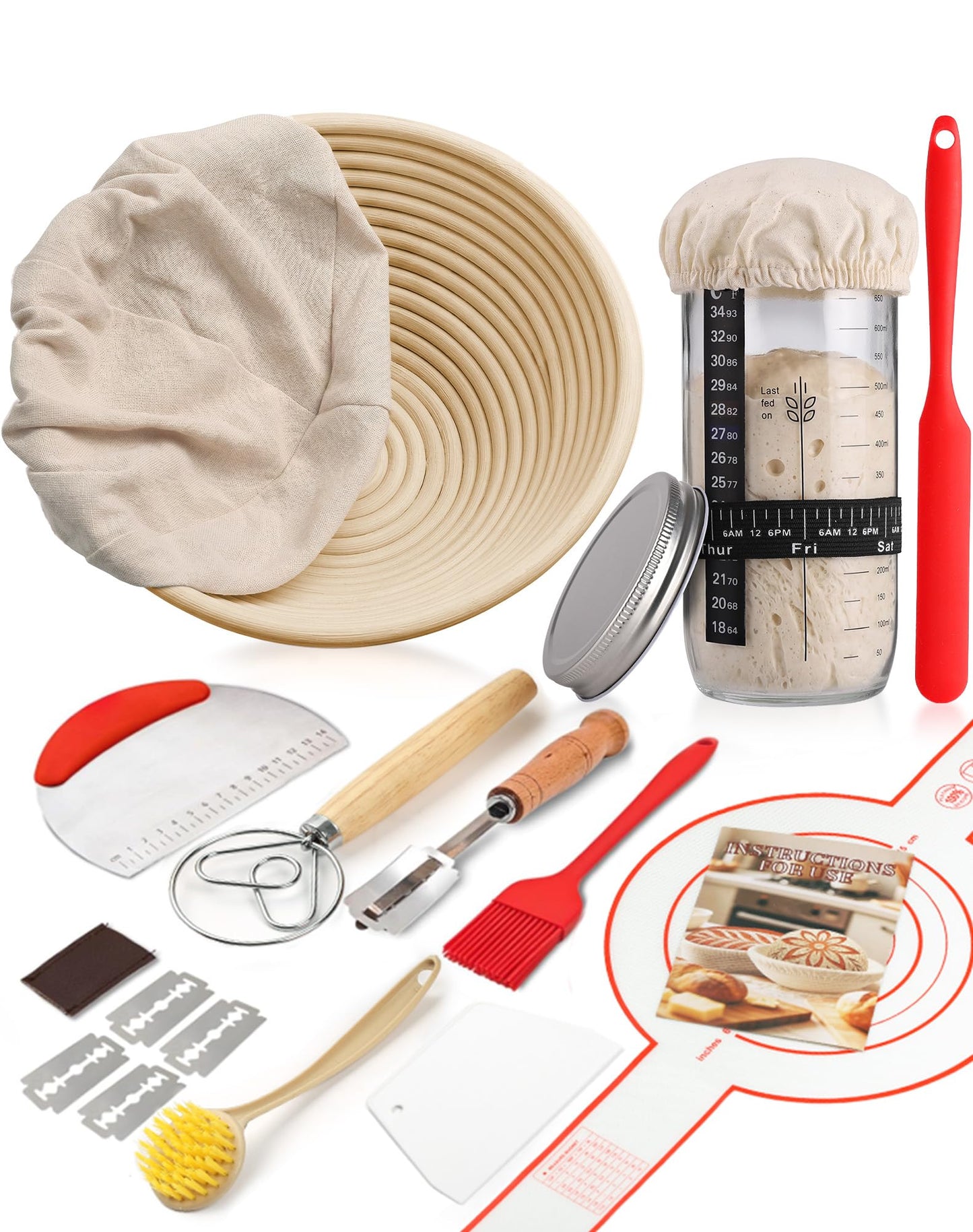 Sauerteig Starter Set mit Gärkörbchen, 10-teilig, Brown round 23cm