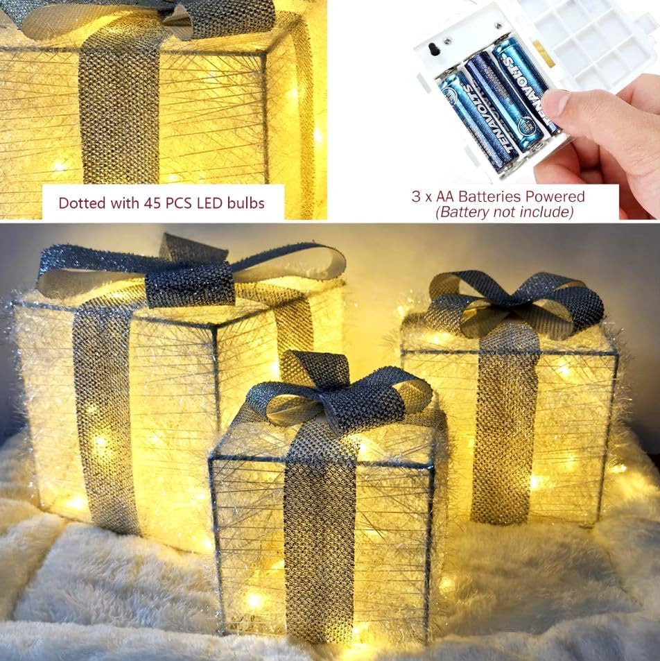 3er-Set LED Geschenkboxen mit Timer, Weiss-silber