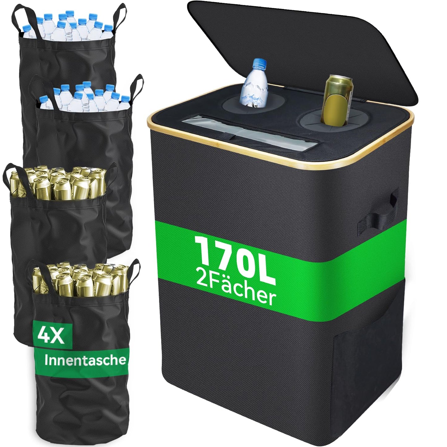 Pfandflaschen-Sammelbehälter mit 4 Flaschentaschen, 170L 4 bags
