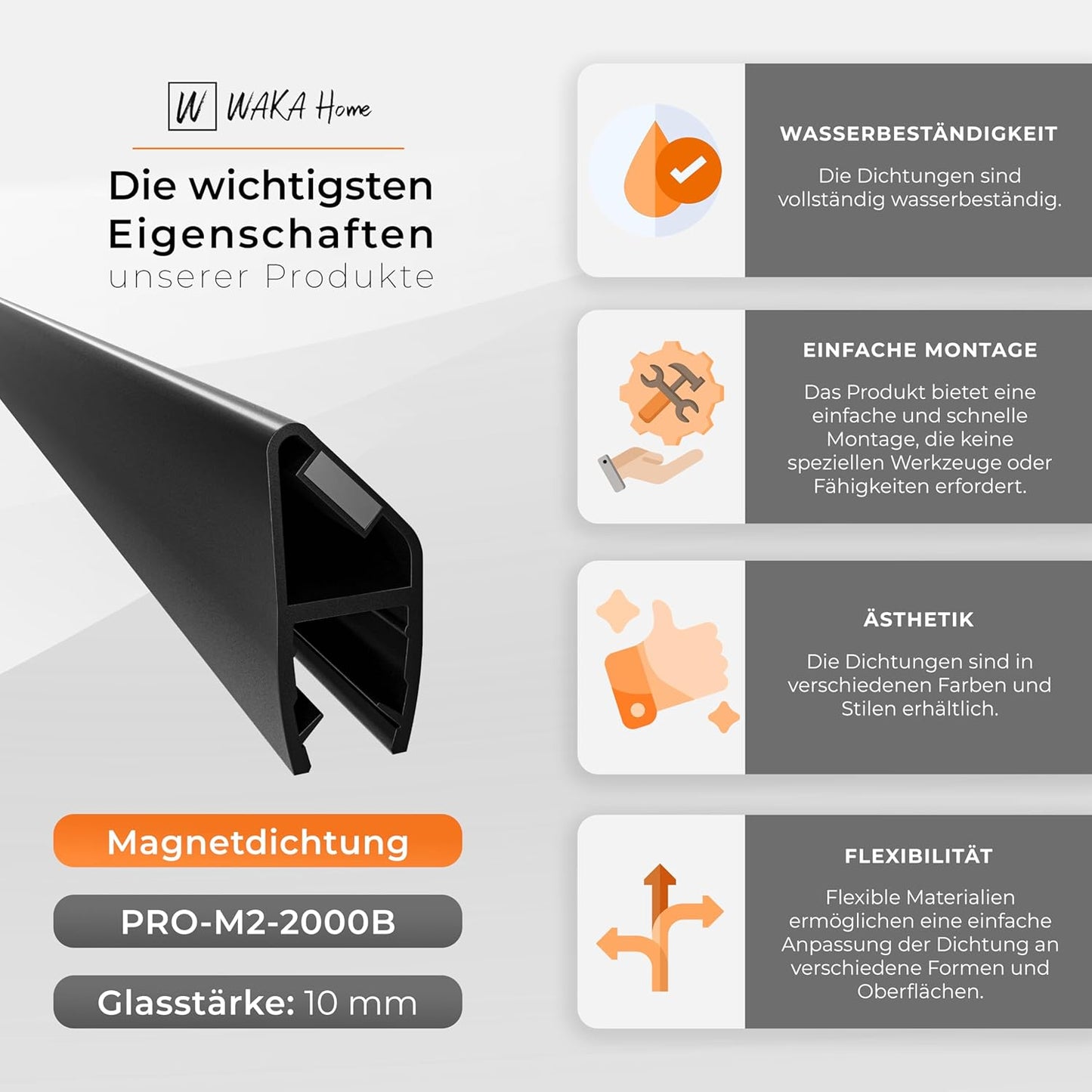 Duschdichtungen für Glastüren, 10mm, ‎PRO-M2-2000B, Schwarz 10mm Glas | 90/180°