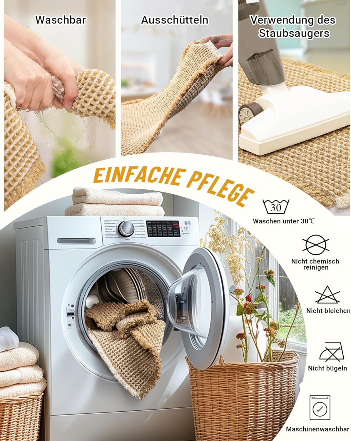 Boho Badteppich Set, rutschfest, Braun Weiss