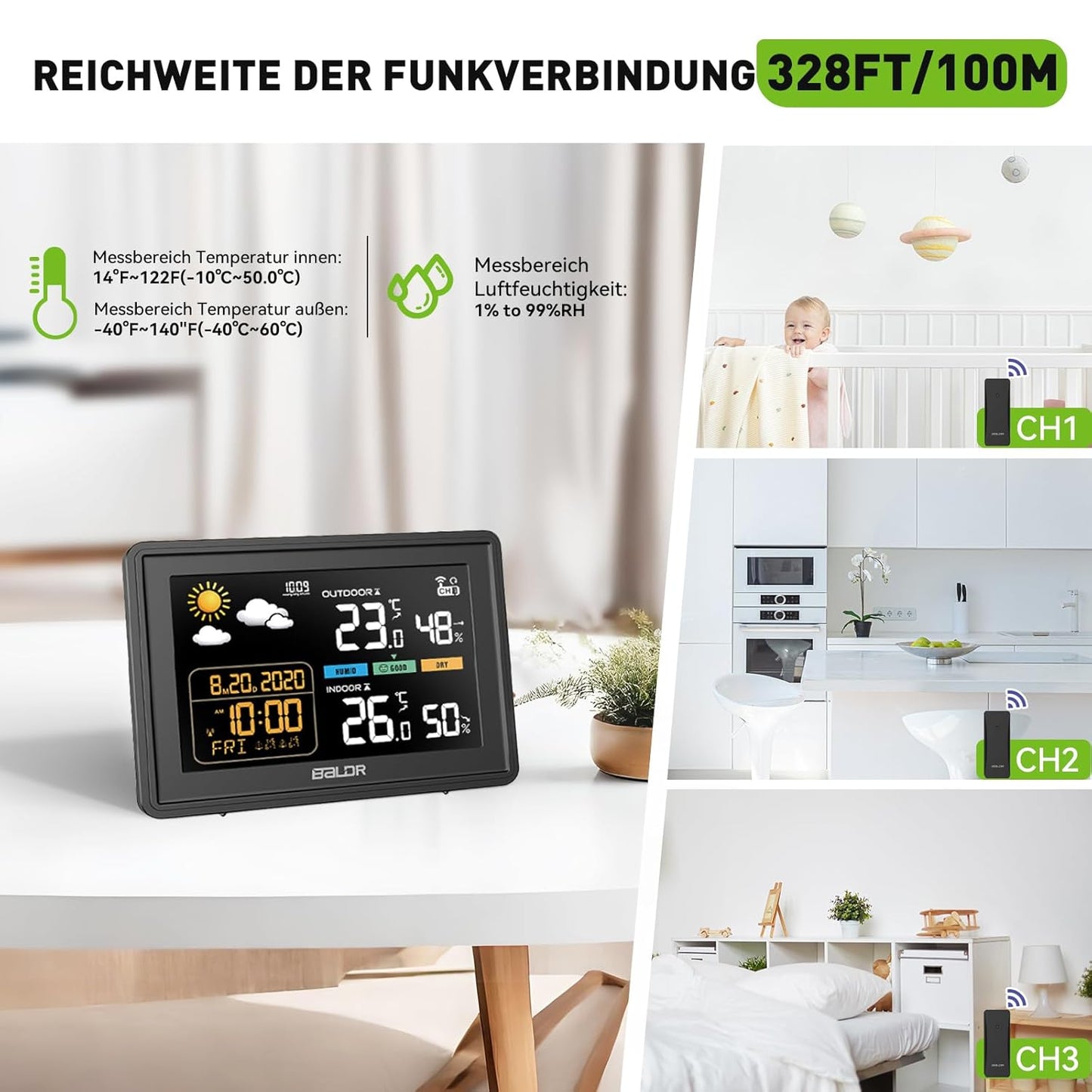 Wetterstation mit Funkuhr und Aussensensor, Schwarz