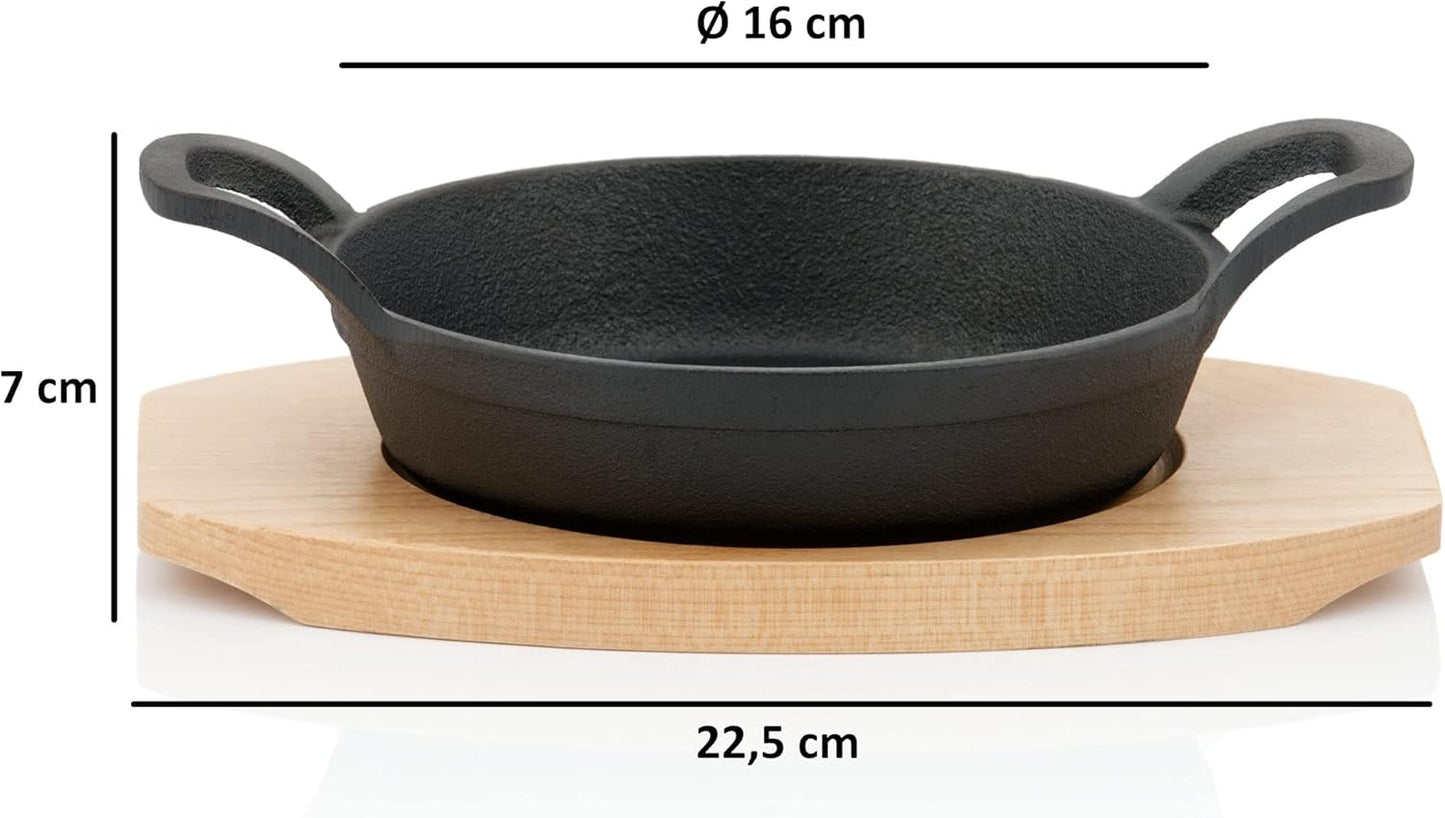 Gusseisen Servierpfännchen mit Holzunterlage, 1