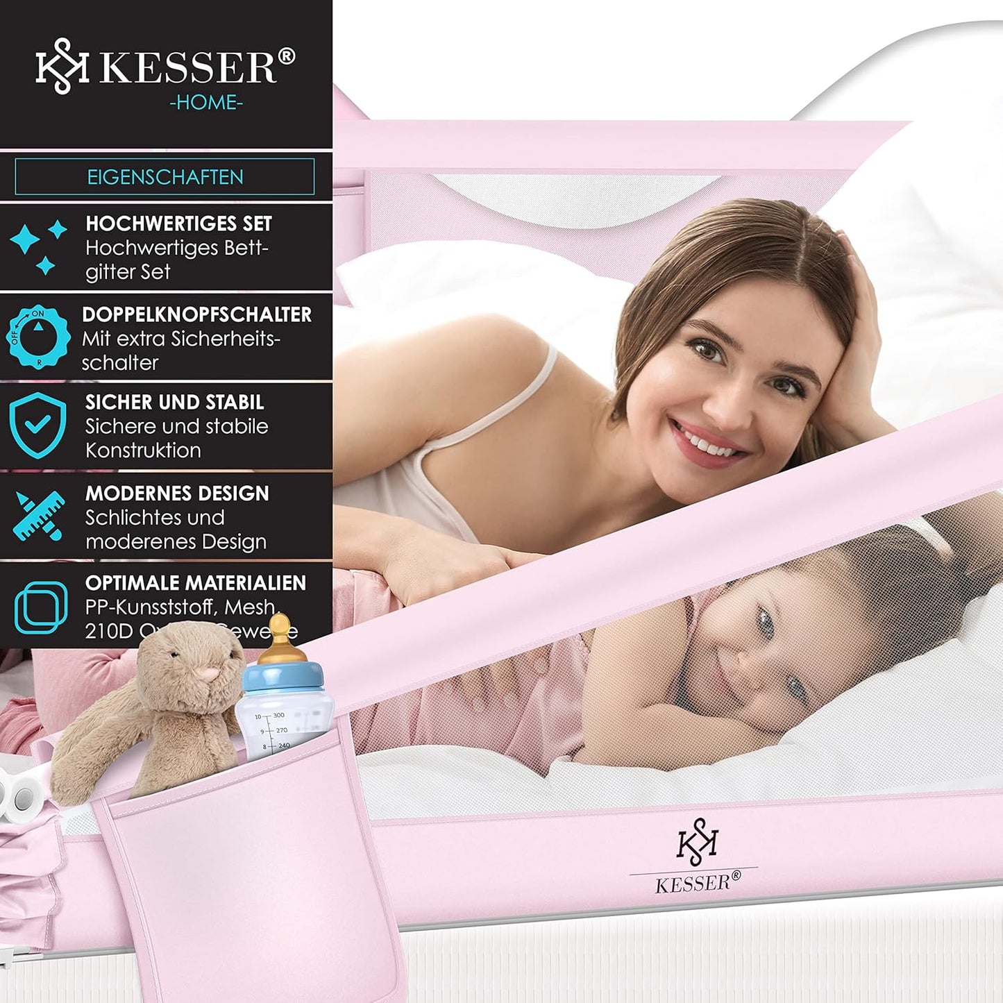 Bettschutzgitter für Kinder, 180cm Rosa