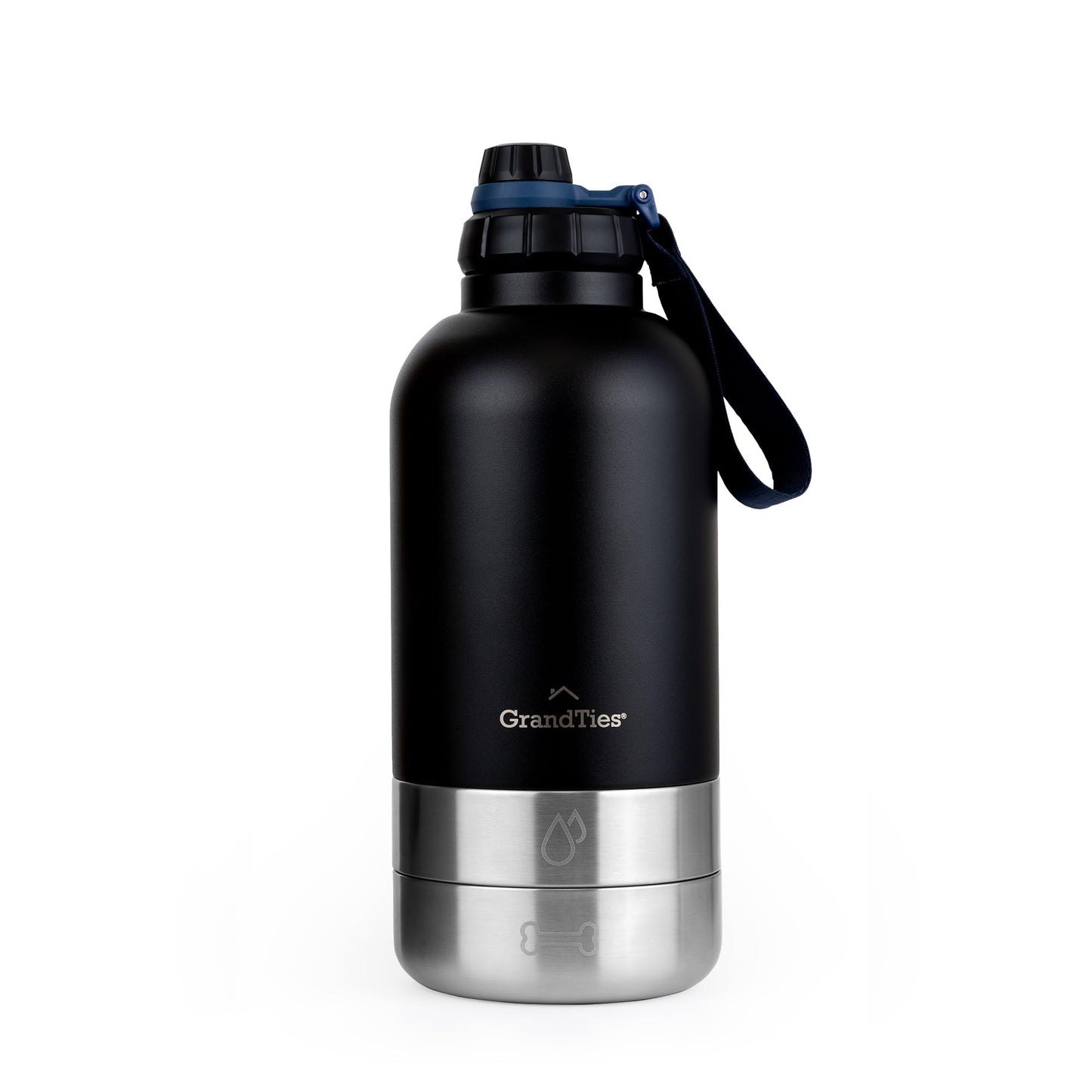 Isolierte Hundewasserflasche mit 2 abnehmbaren Hundenäpfen, Midnight Black Large 64oz/1890mL