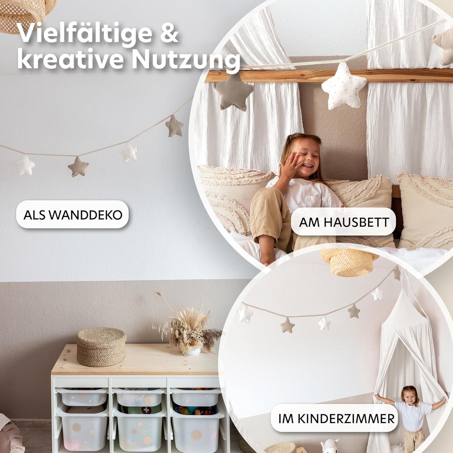 Sternenkette mit Goldapplikation, Weiss & Hellbeige Sterne mit Goldapplikation