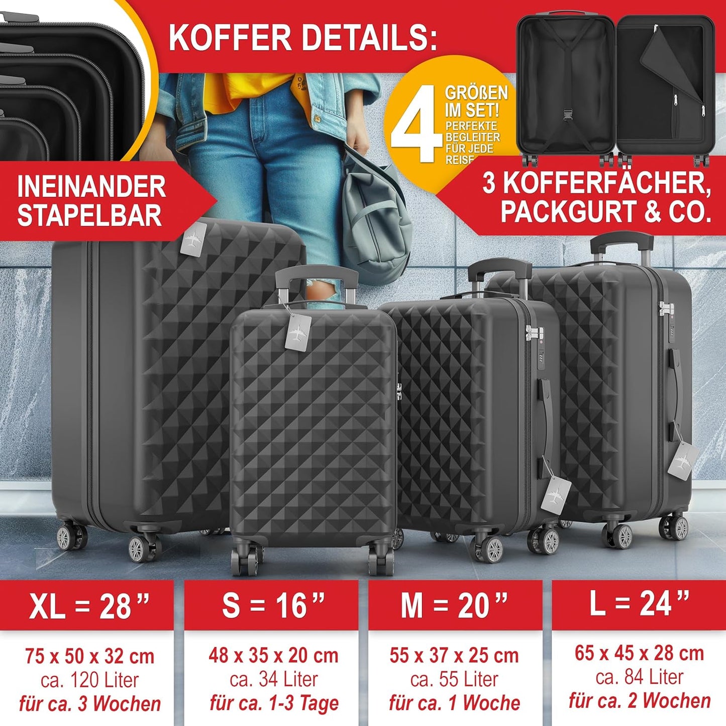 4-teiliges Kofferset mit TSA-Schloss und Zubehör, Schwarz