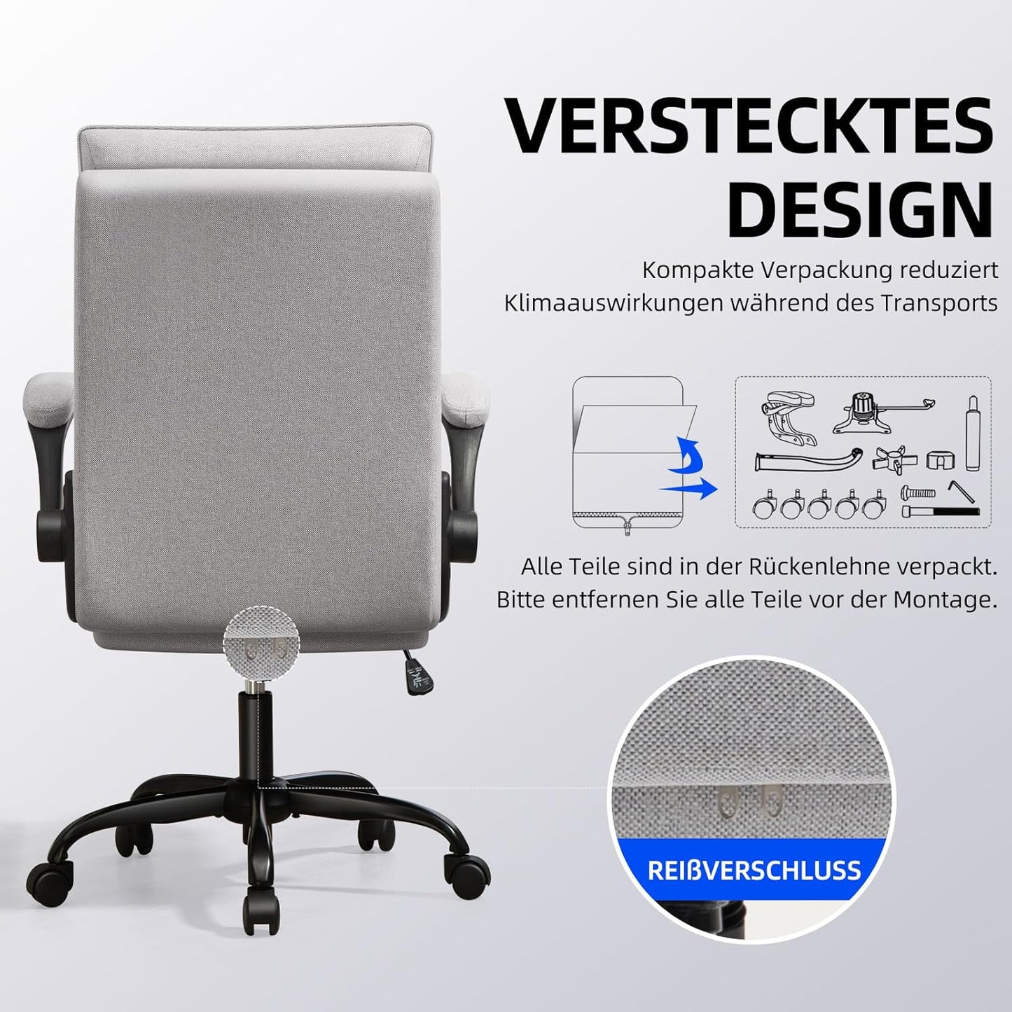 Ergonomischer Bürostuhl mit klappbaren Armlehnen, Grau