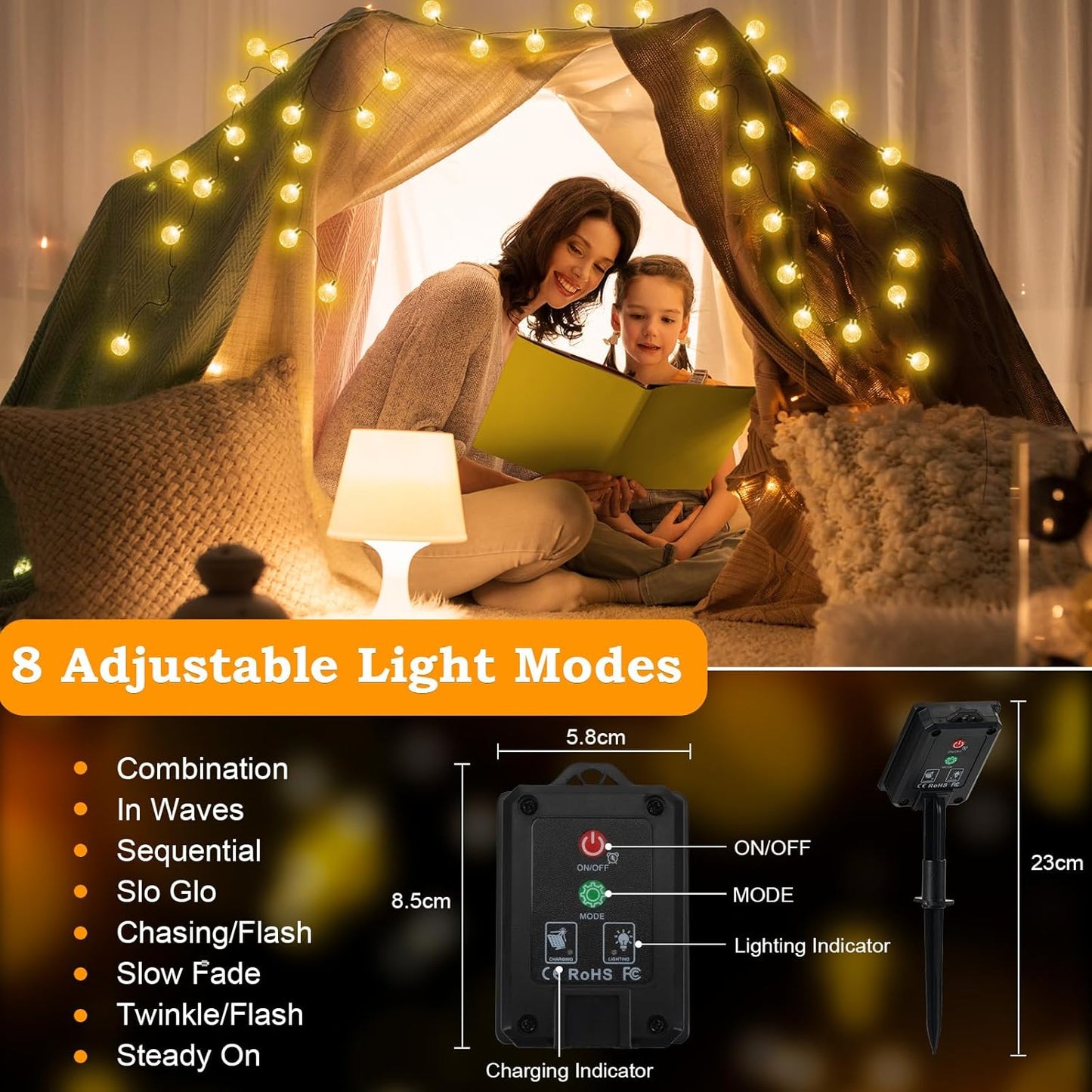 Solarbetriebene LED-Lichterkette für Aussen, Warmweiss 100LED