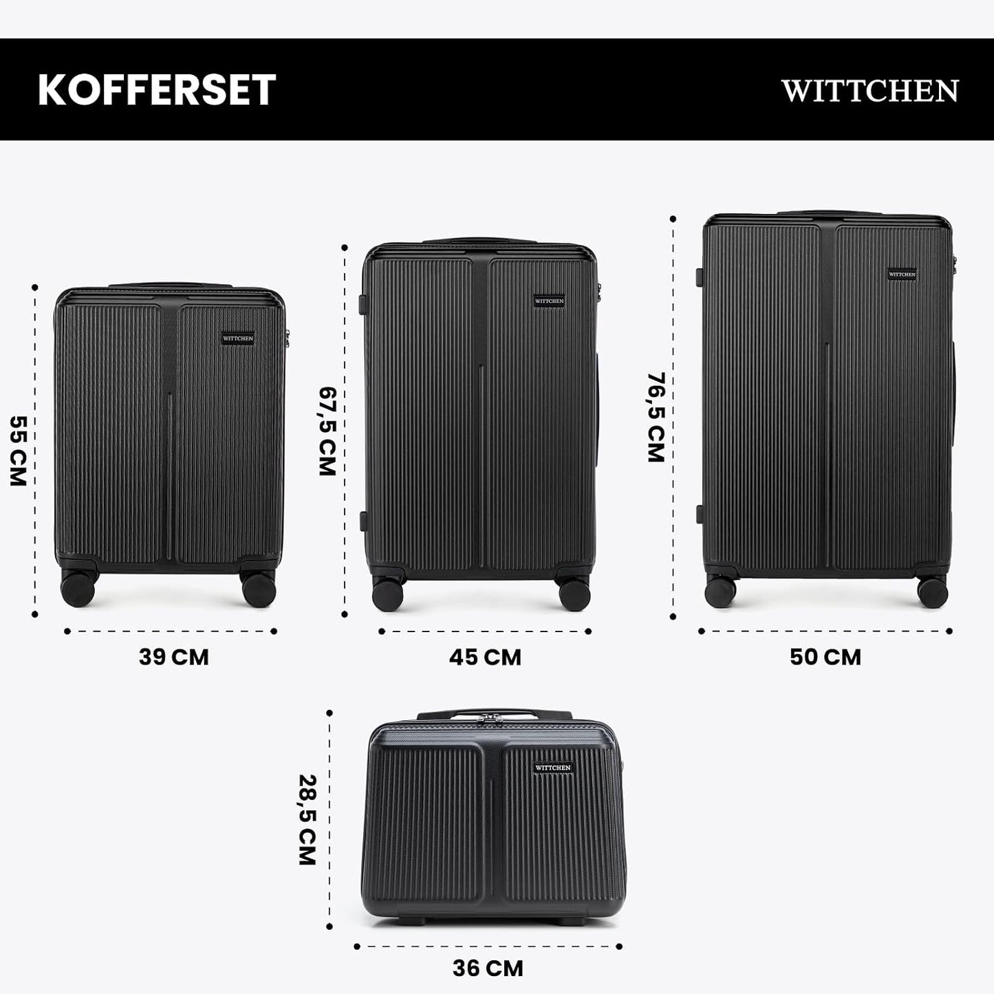 Hartschalen-Kofferset mit Kosmetiktasche (S-XL), Schwarz Kofferset (S, M, L, XL)