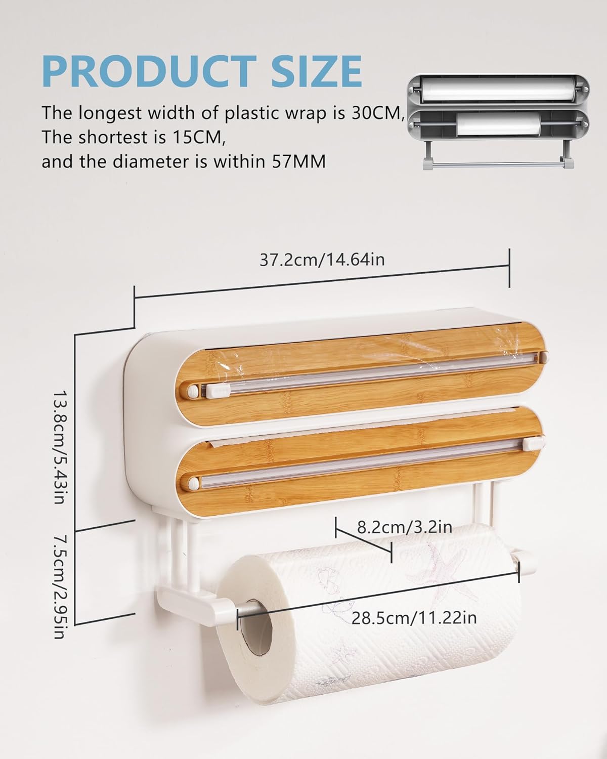 3-in-1 Küchenrollen- und Folienspender mit Cutter, Bambus/Weiss