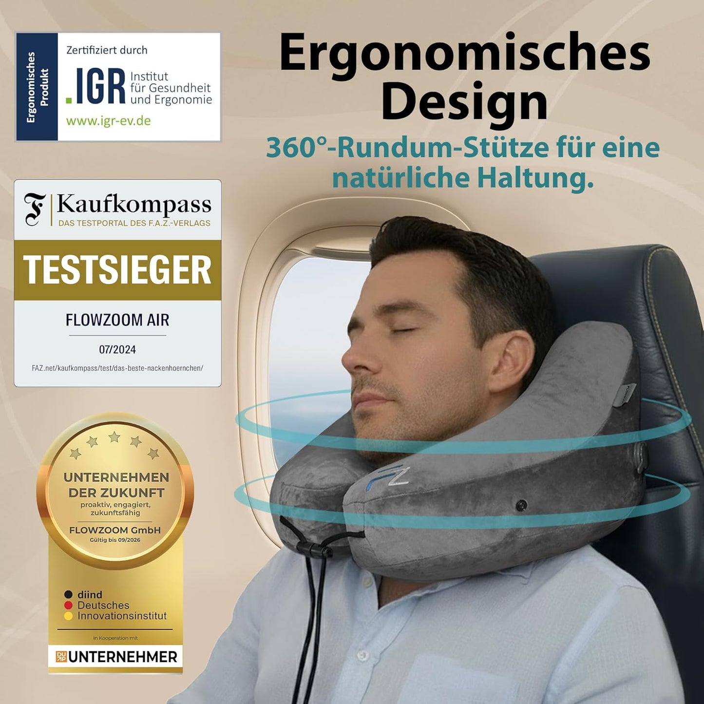 Aufblasbares Nackenkissen mit Kapuze, 1) Grau - Grösse L