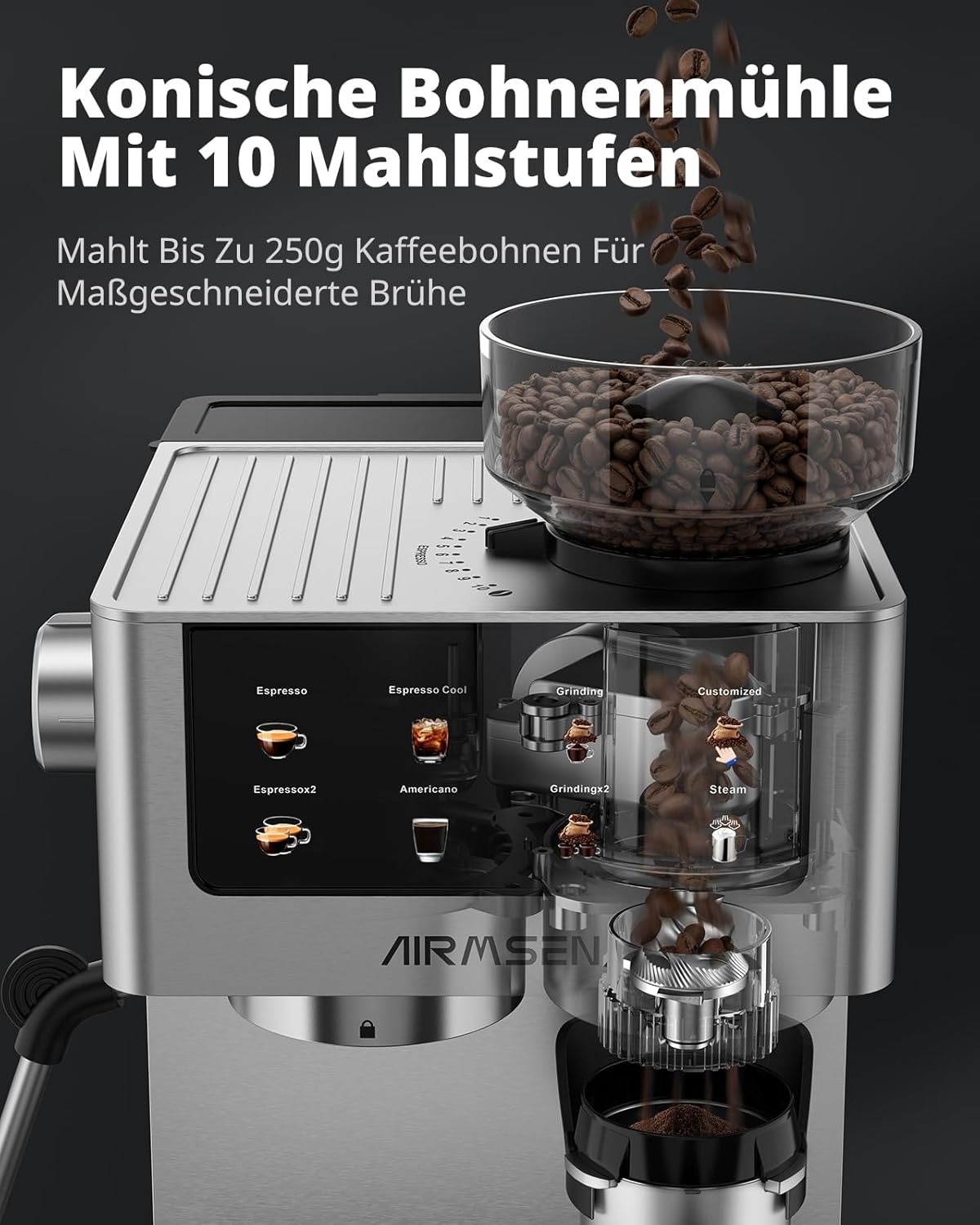 Siebträgermaschine EUBCM2316 mit Kegelmahlwerk & Milchschäumer