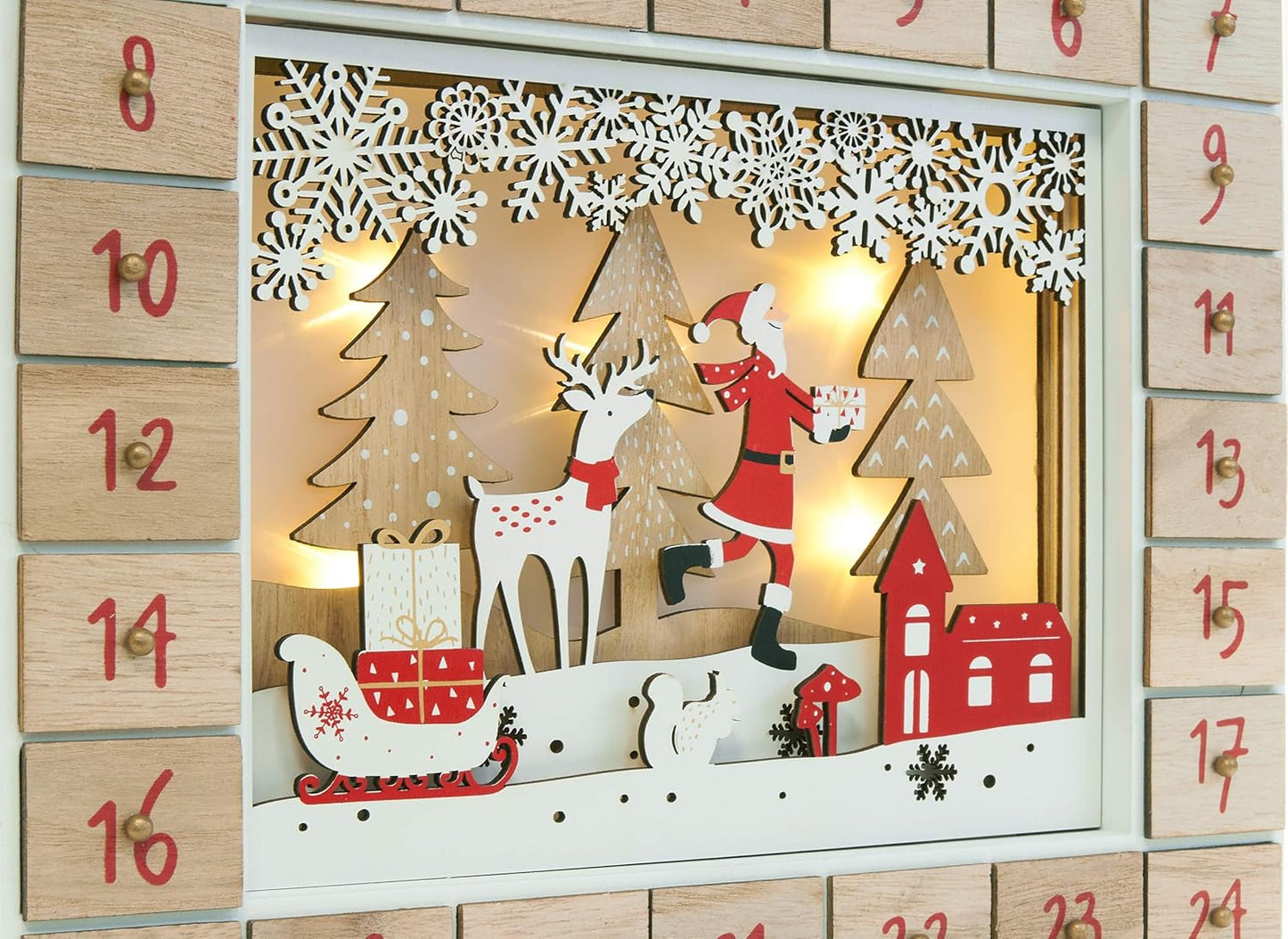 Adventskalender aus Holz zum Befüllen, Weihnachtsmann im Wald mit LED Beleuchtung