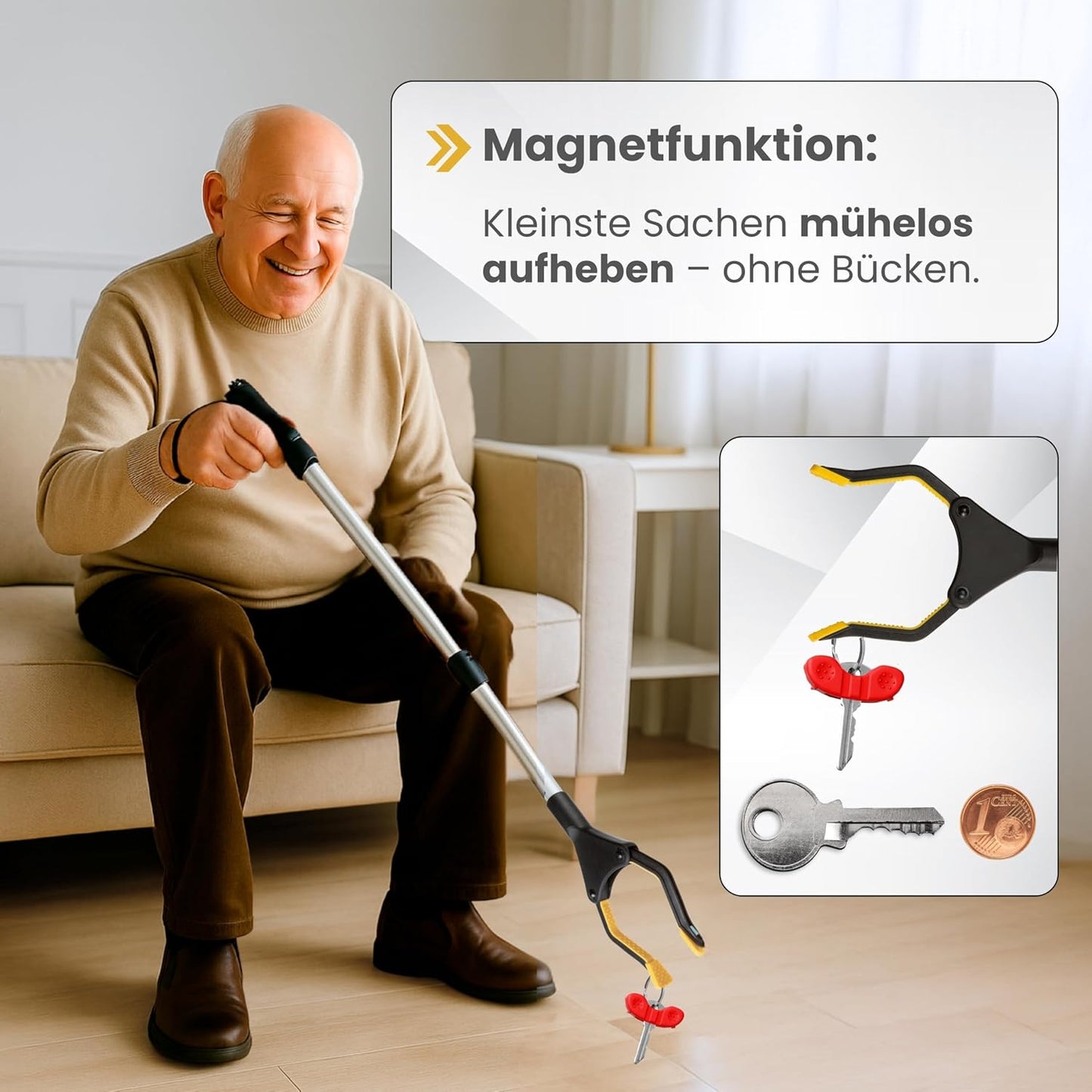 Teleskop Greifzange für Senioren mit 360° Drehkopf, Schwarz