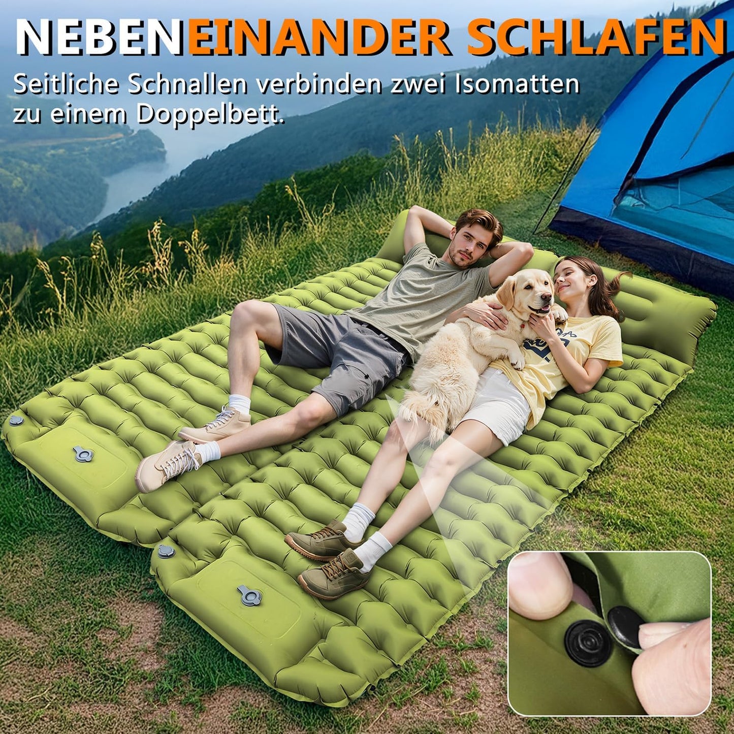 Selbstaufblasende Isomatte mit Fusspumpe für Camping, Grün