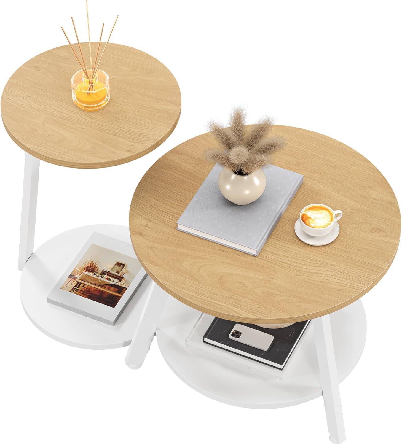 Runder Couchtisch-Set mit Stauraum (2-teilig), Naturholzfarbe