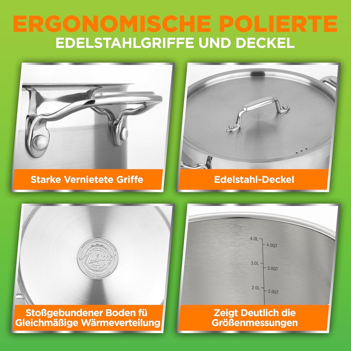 Induktionstopf Edelstahl 8 L mit Deckel, 8 Liter