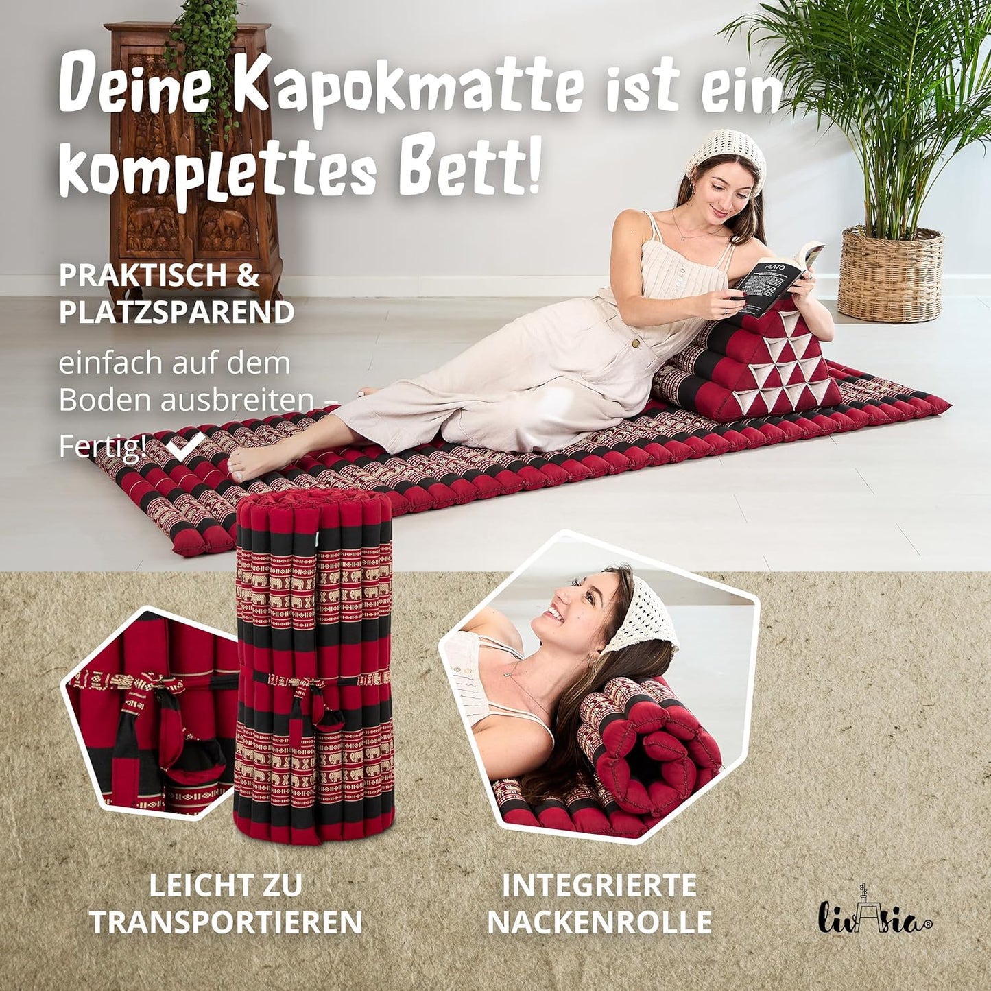 Rollmatte Gästematratze für 1 Person (200x75x4,5cm), M (200 x 75 cm) Rot/Elefanten