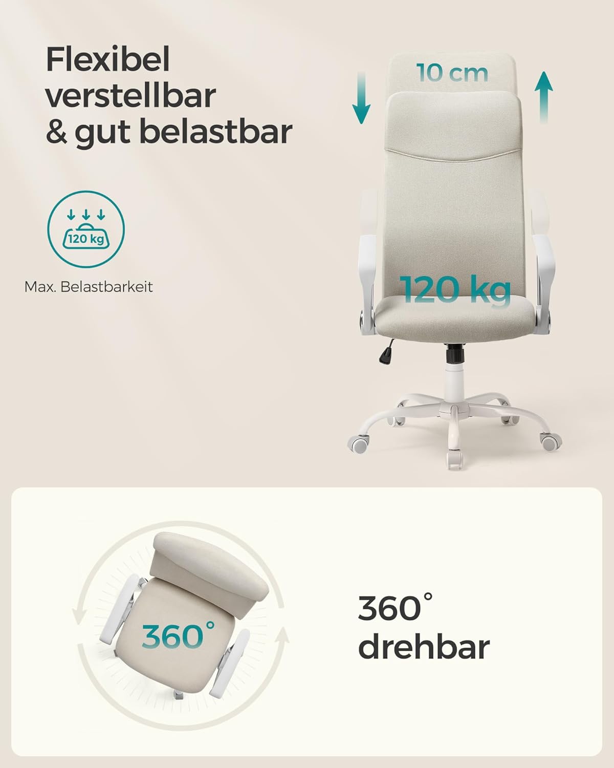 Ergonomischer Bürostuhl, höhenverstellbar, neigbar, Cappuccinobeige 1