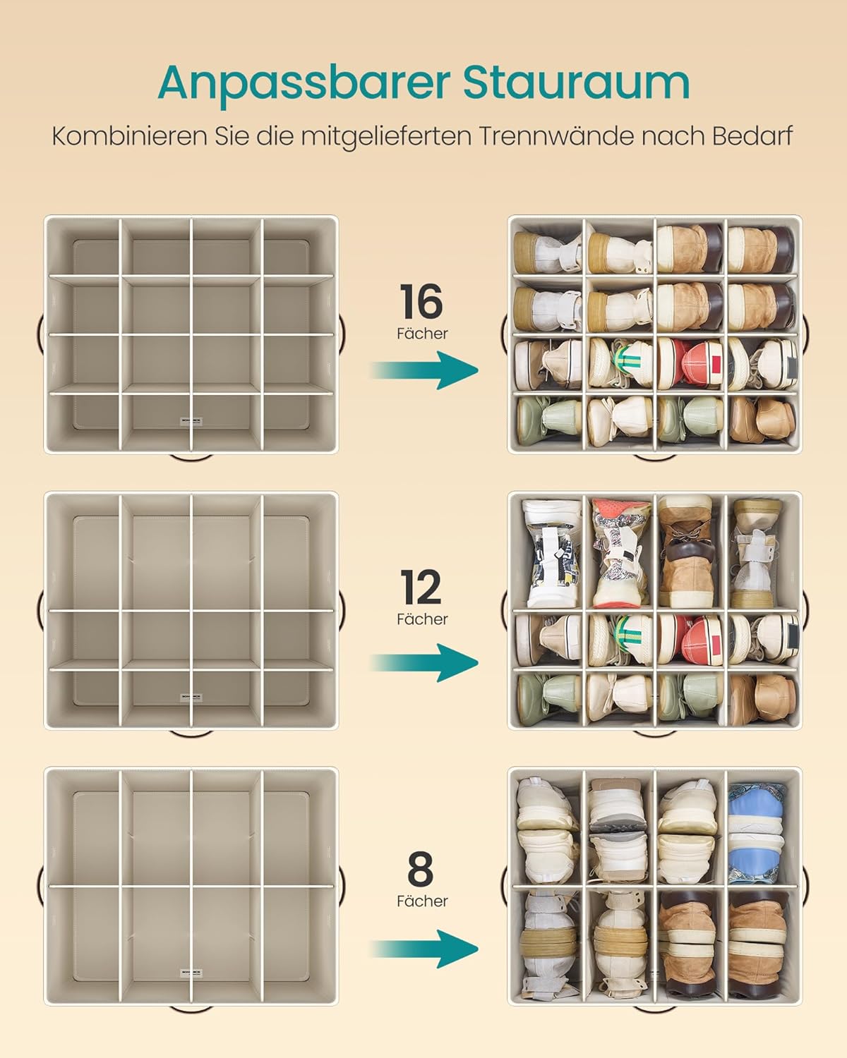 Schuh-Organizer für 16 Paar, transparentes Design, Cappuccinobeige