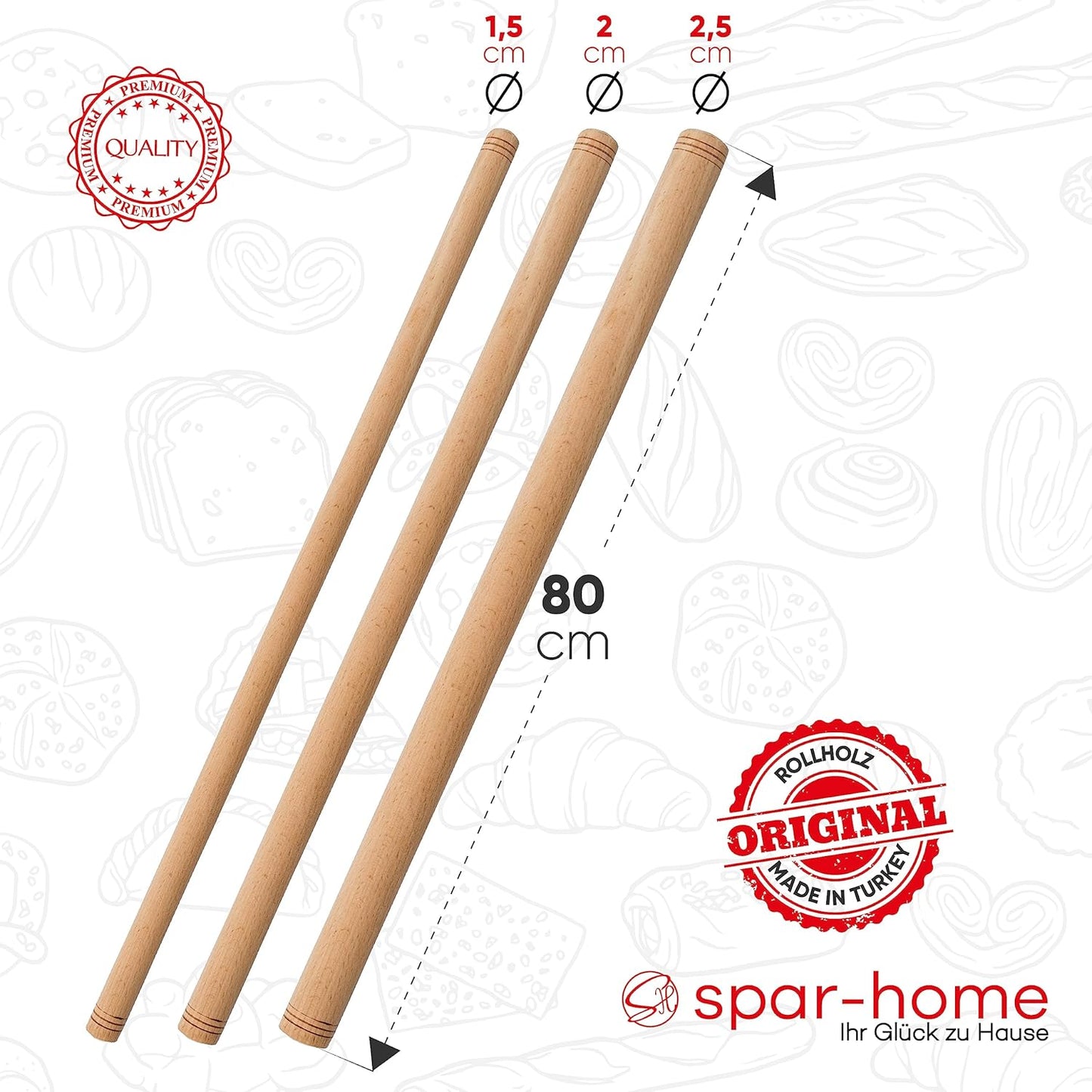3er-Set Traditionelles Nudelholz, 80 cm, 3er_80cm