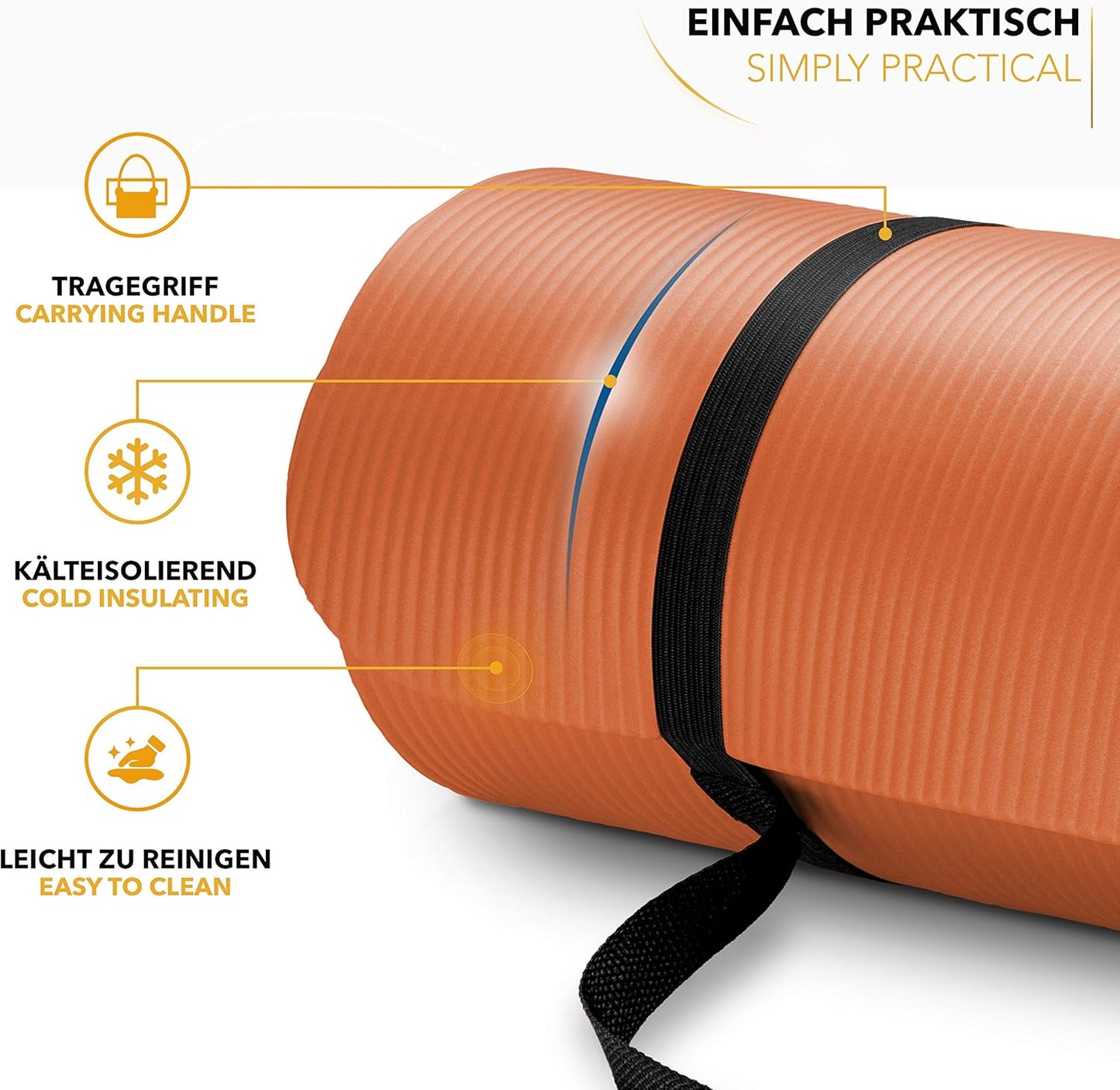 Yogamatte rutschfest, Phthalatfrei, inkl. Tragegurt, Orange 185 x 60 x 1,5 cm