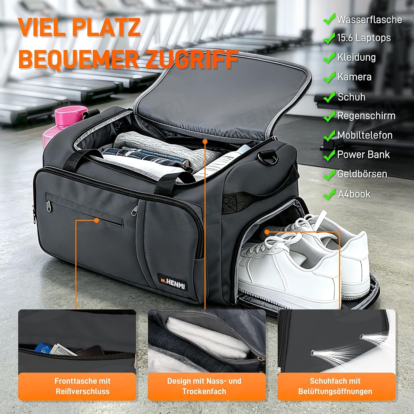 Sport- und Reisetasche mit Schuh- & Nassfach, Grau