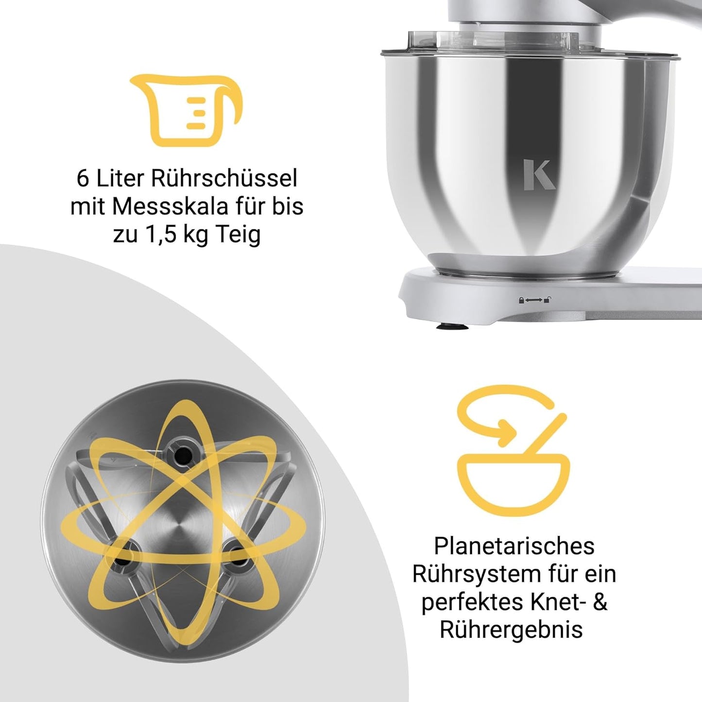 Küchenmaschine mit Edelstahl-Rührschüssel, Premium Silber