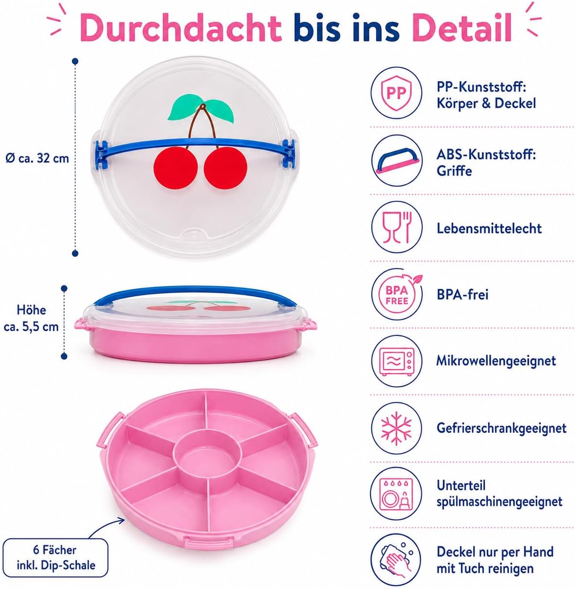 Snackbox mit Fächern und Deckel für Obst und Dips, Kirsche