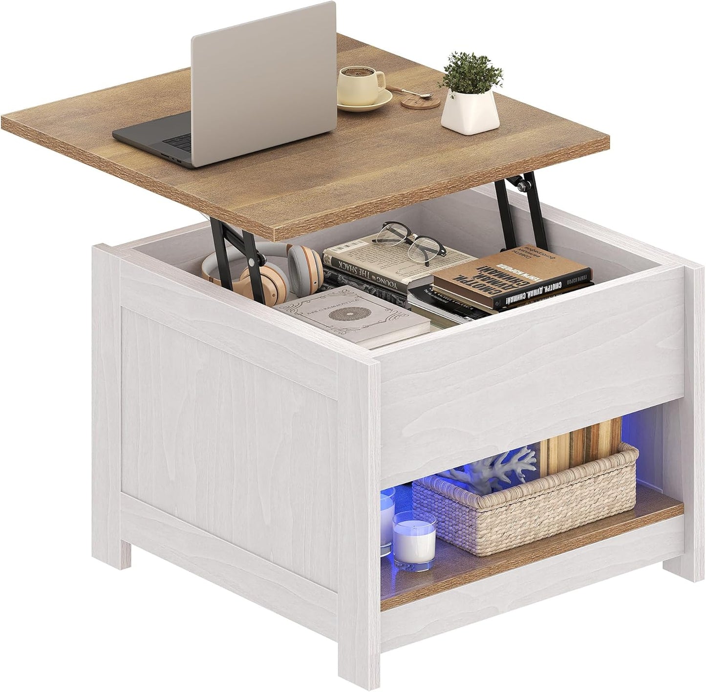 Couchtisch mit Hebeplatte und LED-Beleuchtung, 60 x 60 x 45 cm ; Anhebbar mit LED