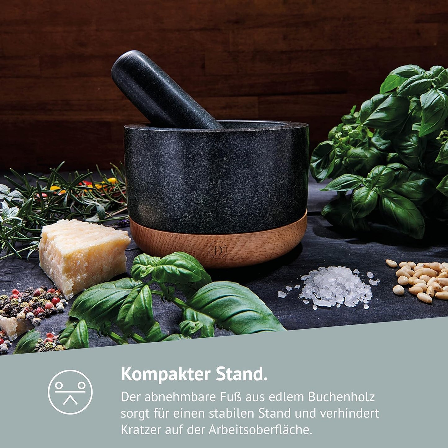 Premium Mörser-Set, Granit und Buchenholz
