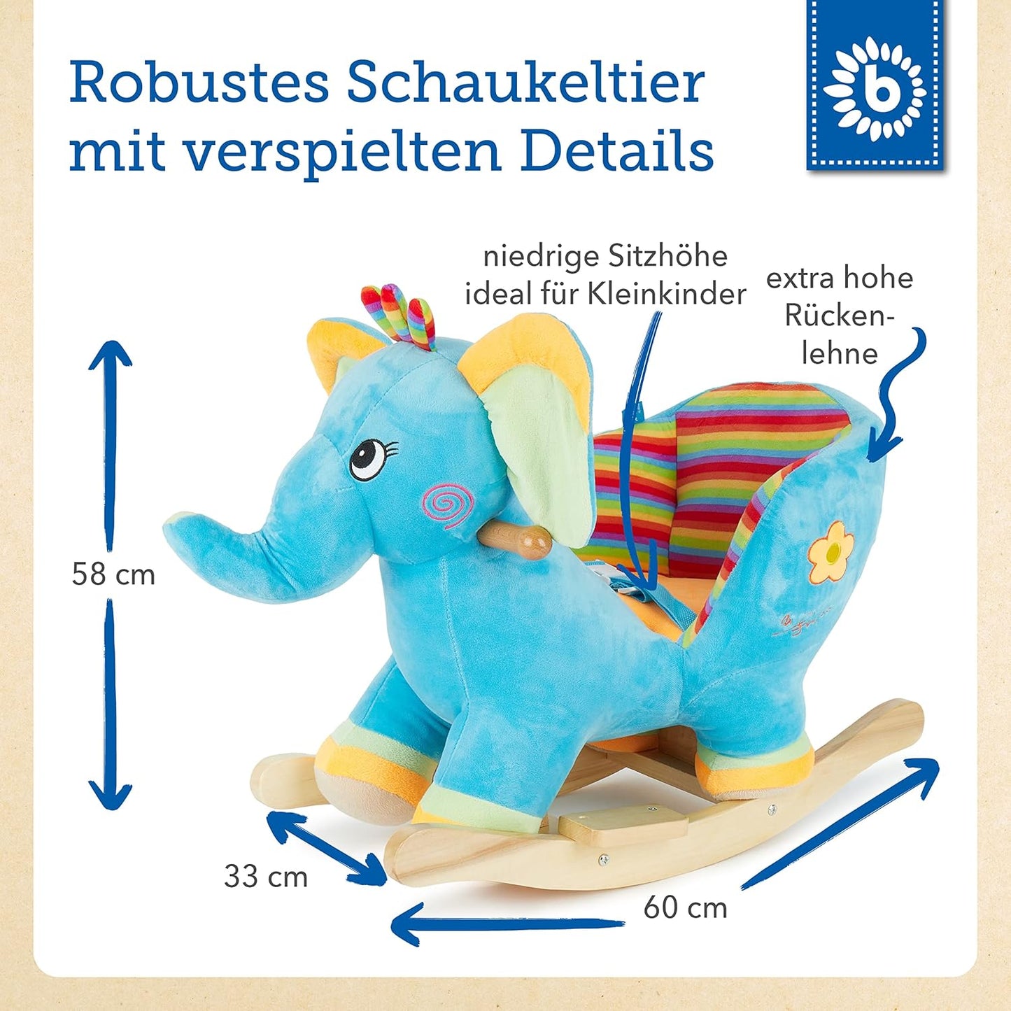 Plüsch-Schaukeltier Elefant, Mehrfarbig