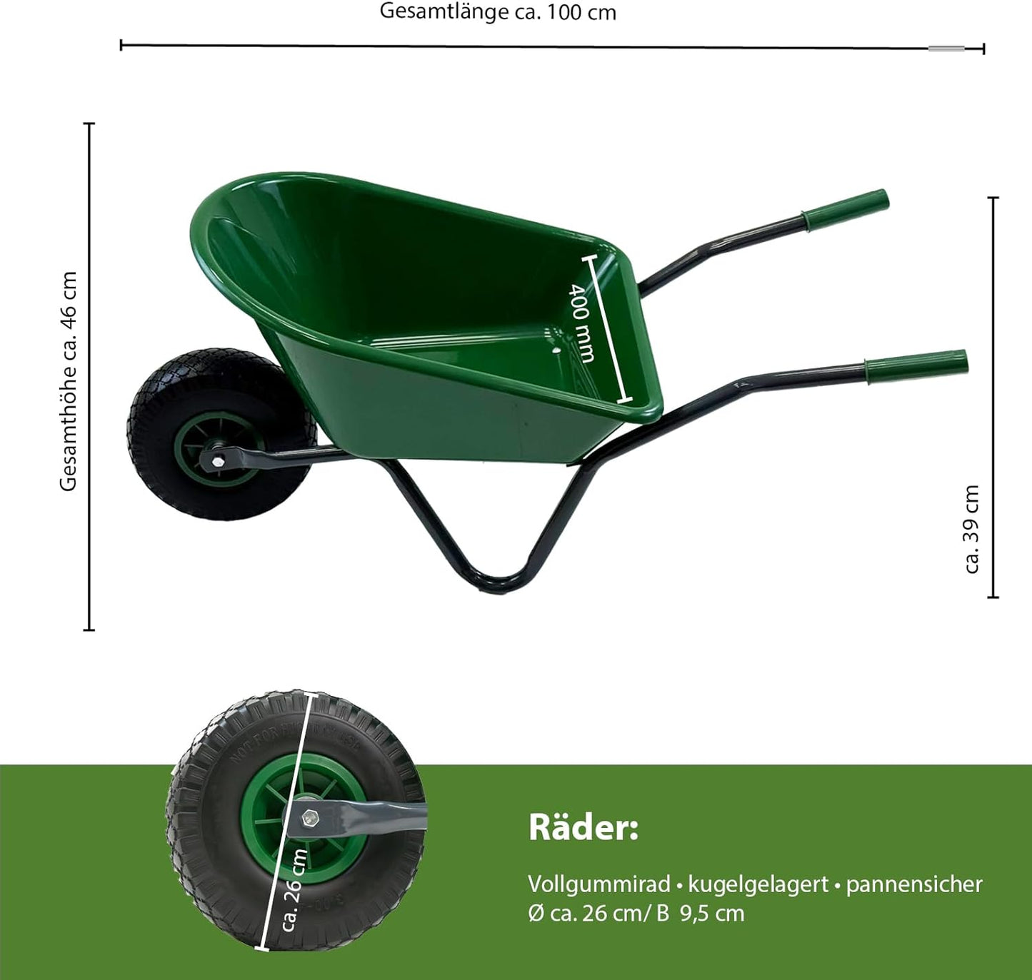 Kinderschubkarre mit Vollgummirad, Uni | Grün