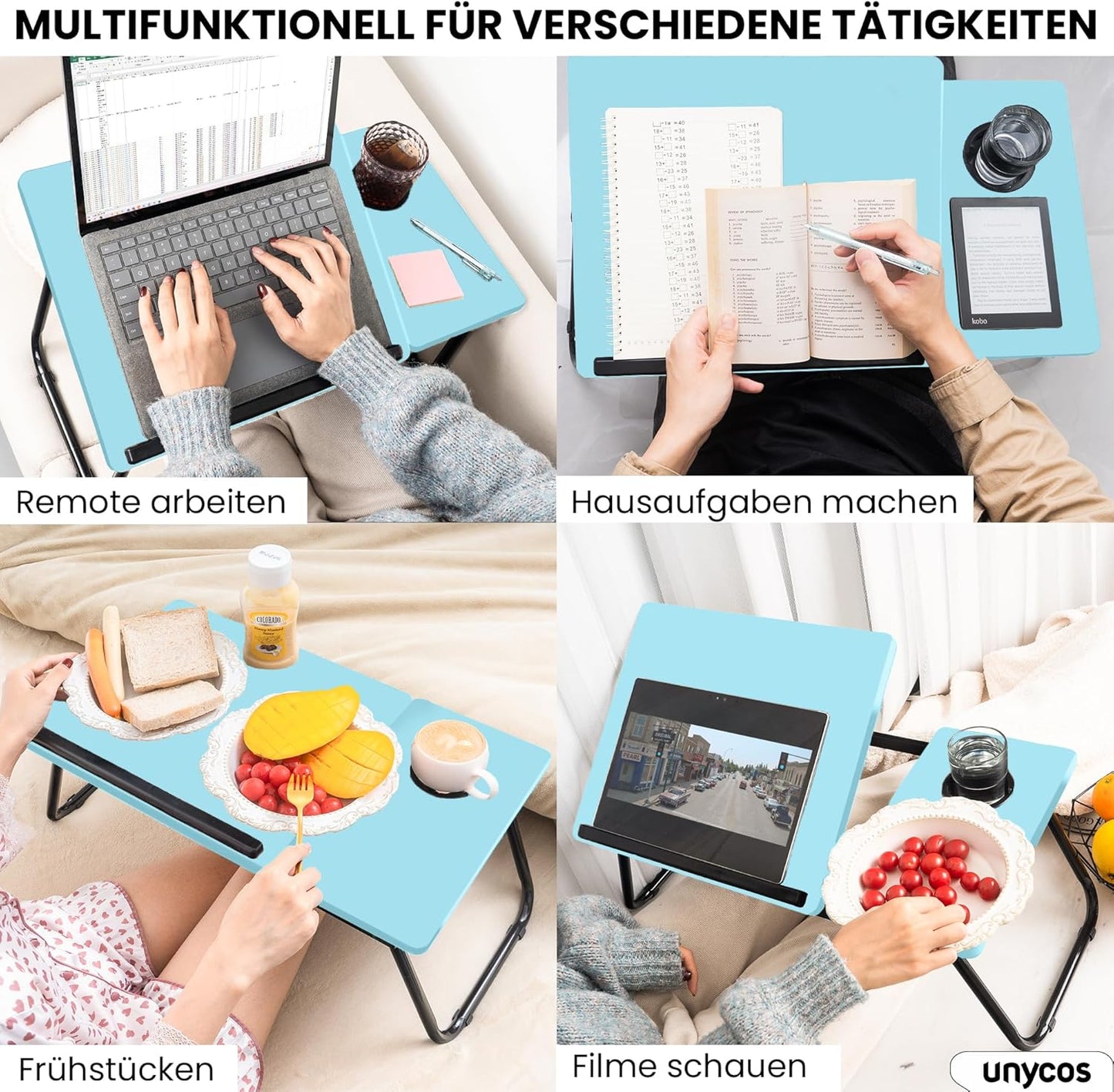 Klappbarer Laptoptisch mit Höhenverstellung & Becherhalterung, Blau