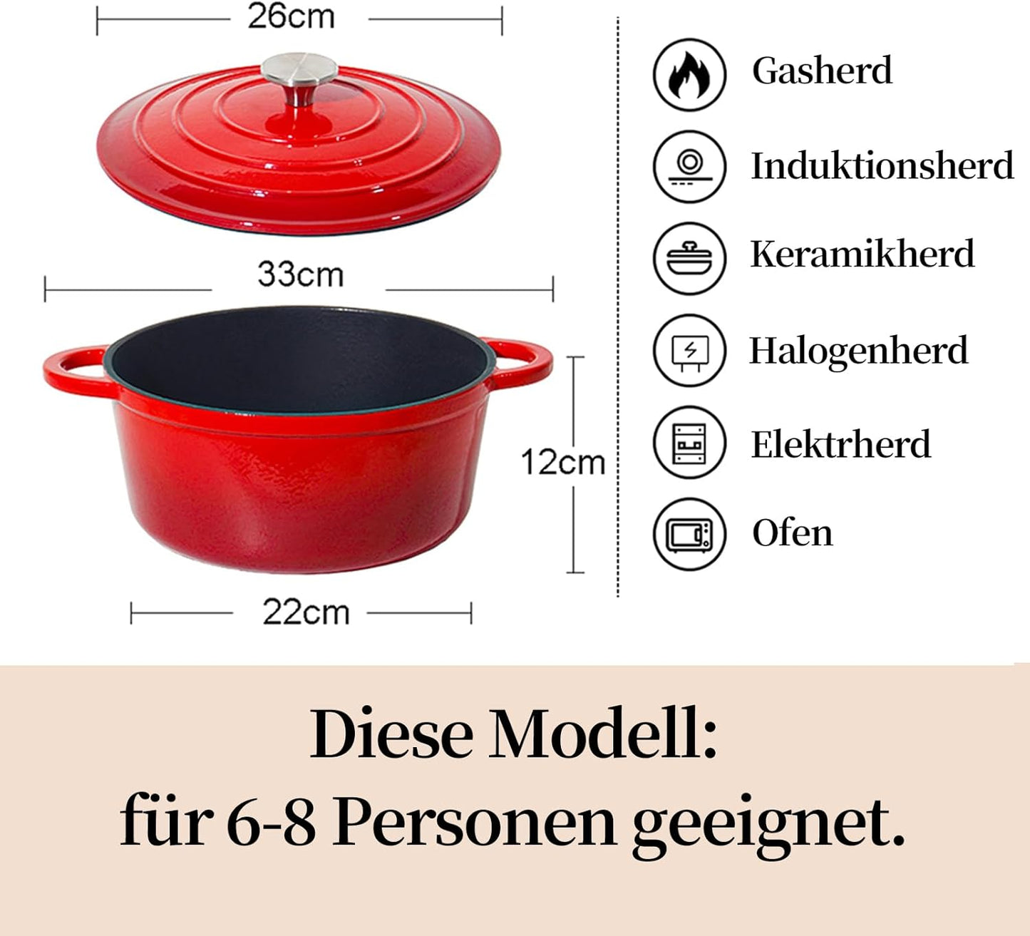 Gusseisen-Schmortopf mit Deckel, 26cm/5L Rot