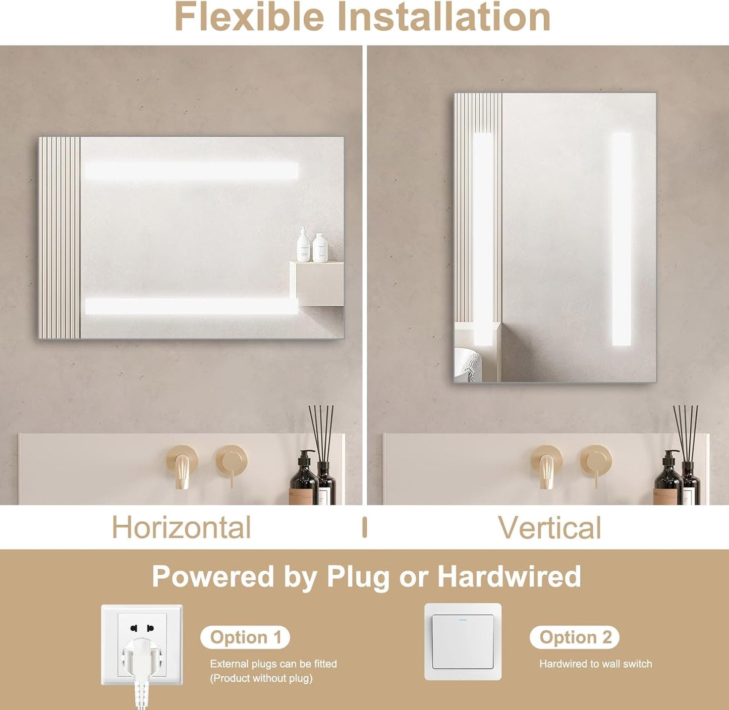 LED-Badezimmerspiegel mit Knopfschalter, 45 x 60 cm, 60L x 45B cm Zwei Mattierte Kanten - Ohne Bluetooth