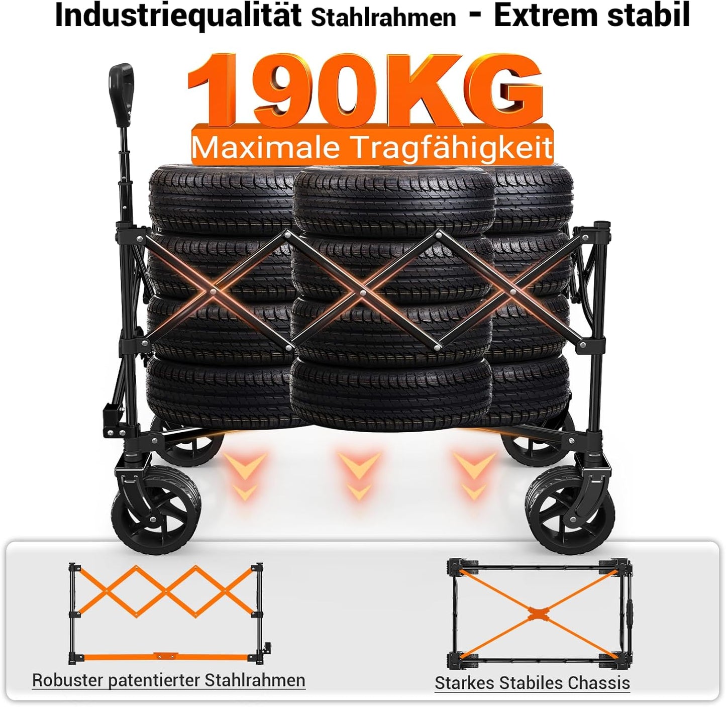 Faltbarer Bollerwagen mit Geländerädern, Schwarz