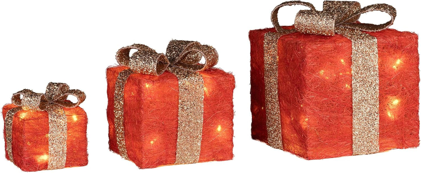 3er-Set LED-Geschenkboxen mit Timer, Rot-gold