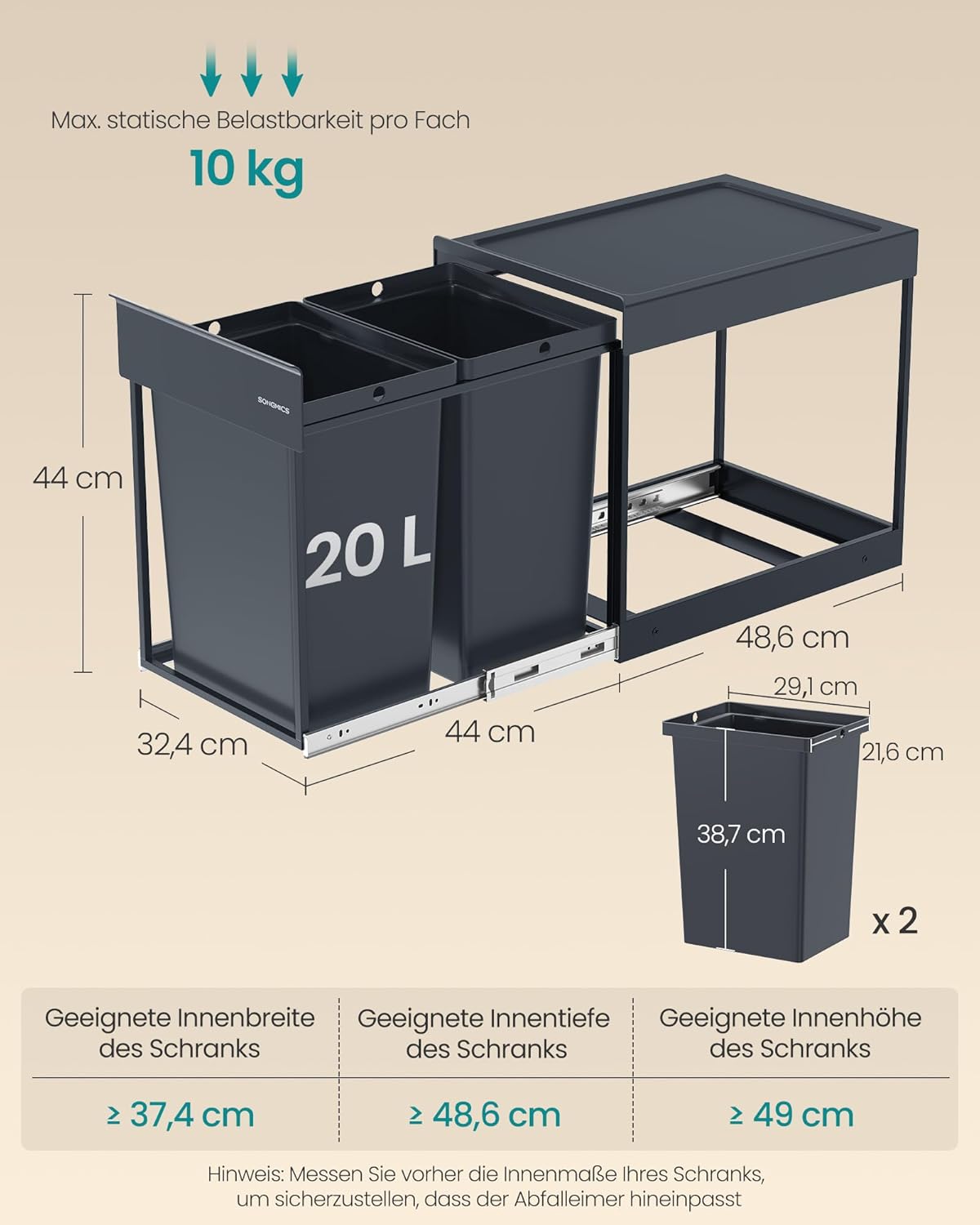 Mülltrennsystem für Unterschrank, 2 x 20 L, LTB951GZ01, grau 2 x 20 L