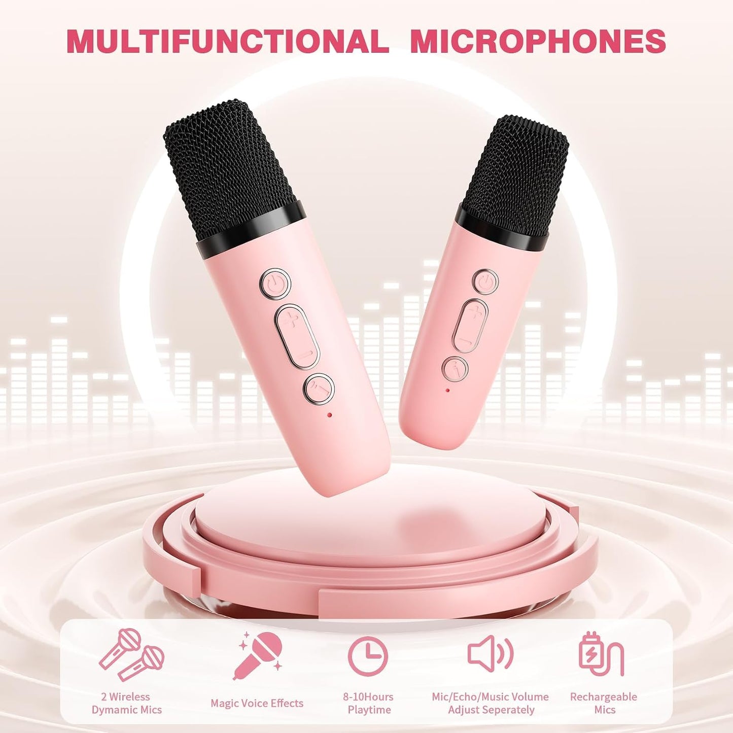 Tragbare Mini-Karaoke-Maschine mit 2 Mikrofonen, Rosa