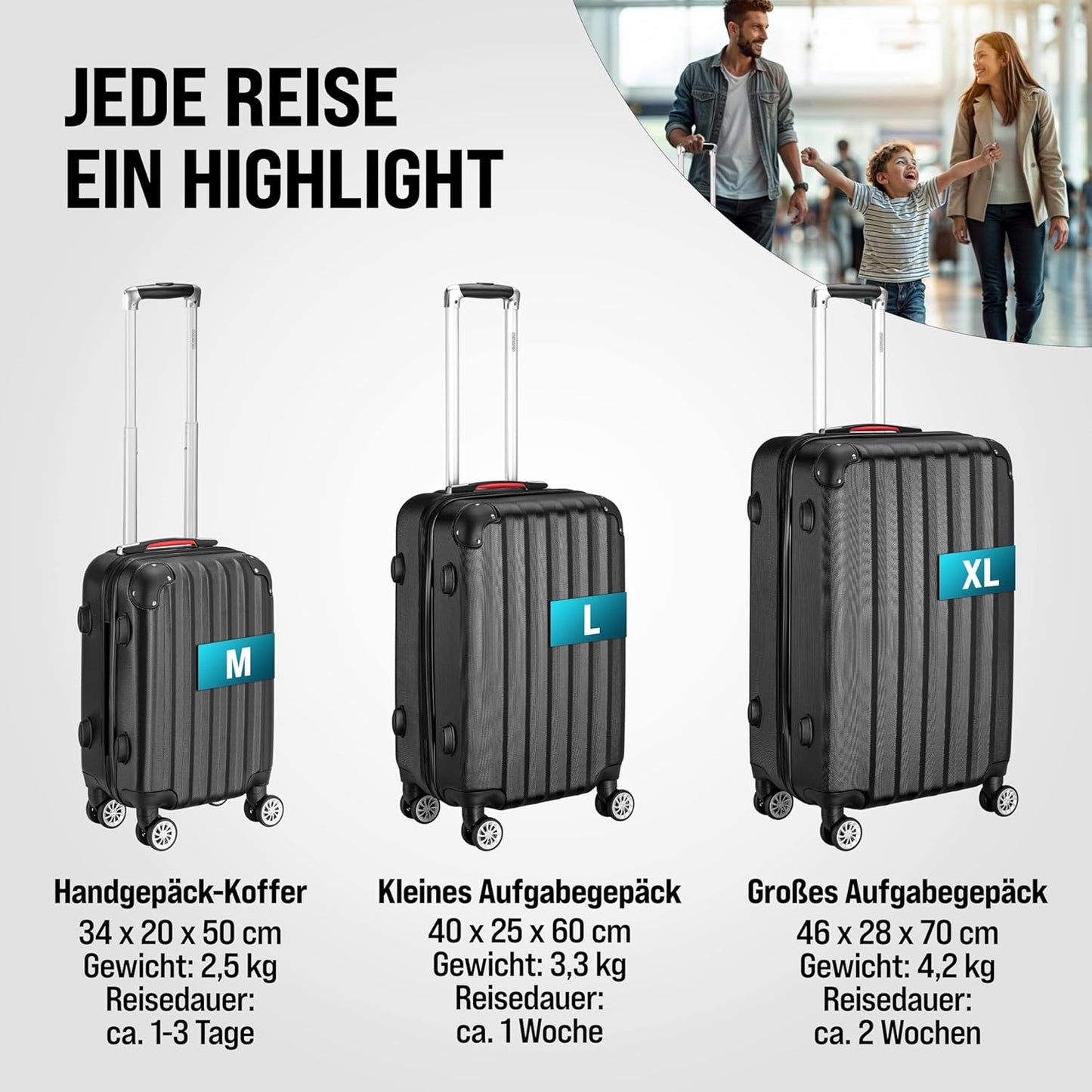 3-teiliges Hartschalenkoffer-Set, Schwarz