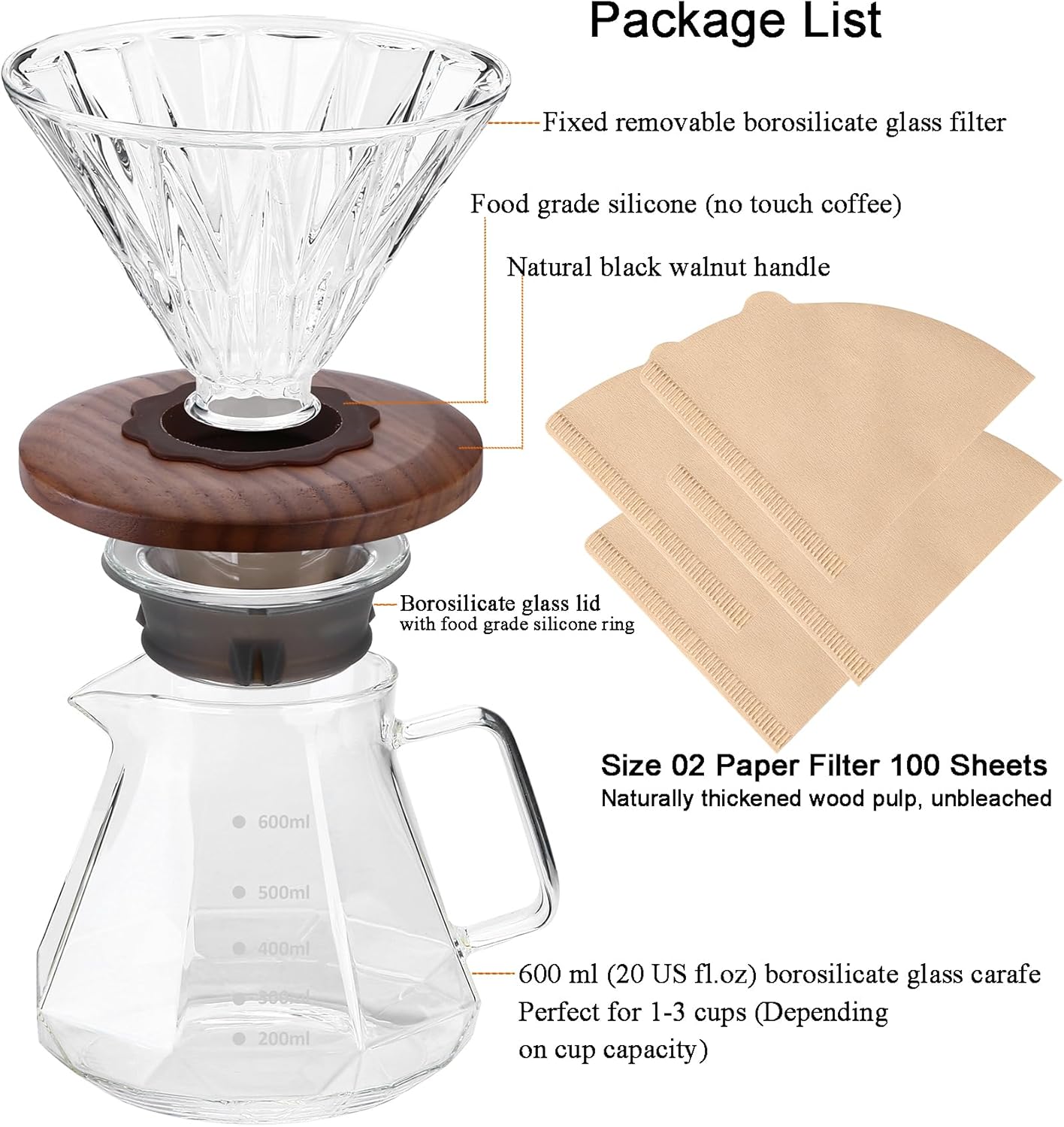 Pour Over Kaffeebereiter mit Papierfiltern, 600 ml(transparent)