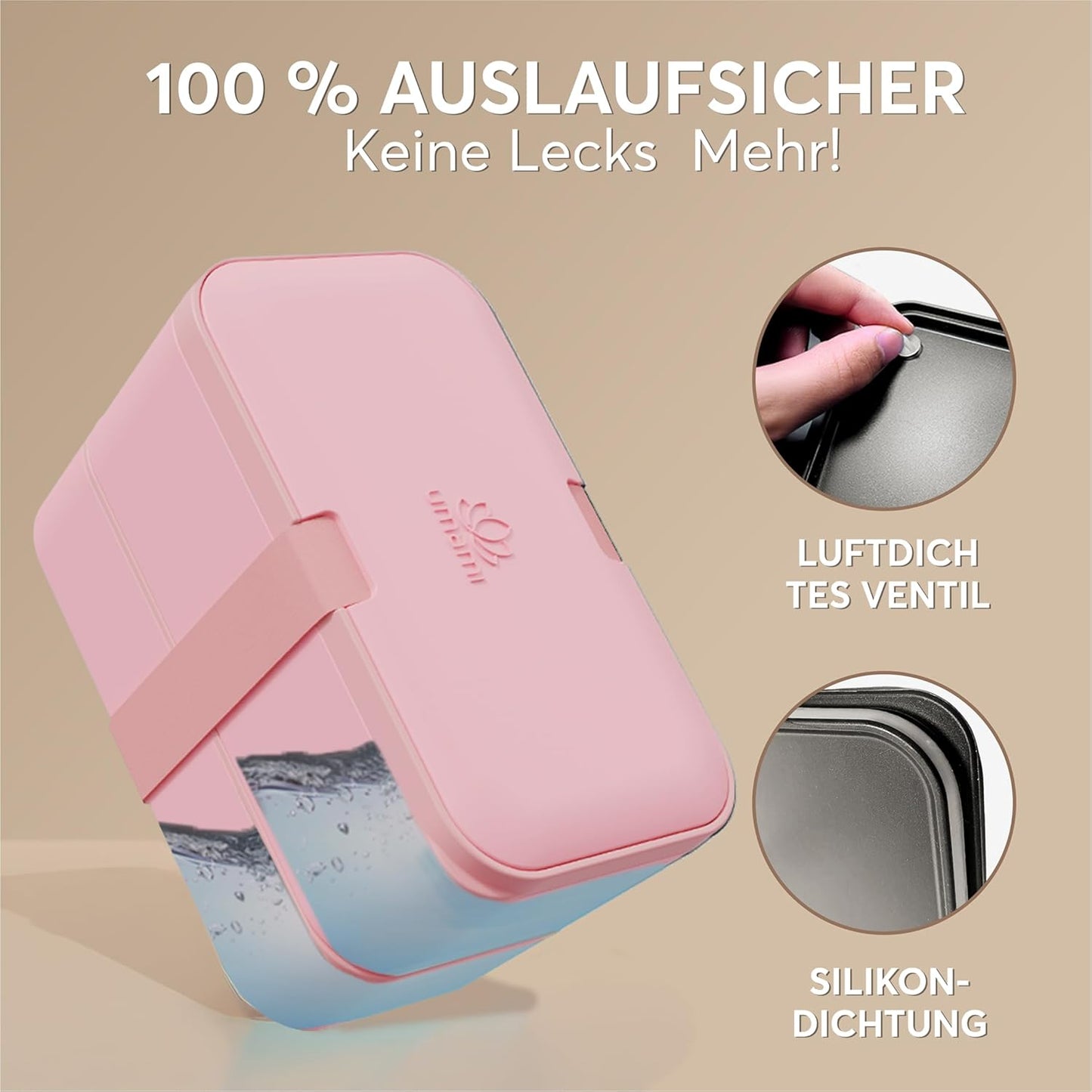 Auslaufsichere Bento Lunchbox mit Besteck & Fächern, Korallenrosa L - 1500 ml