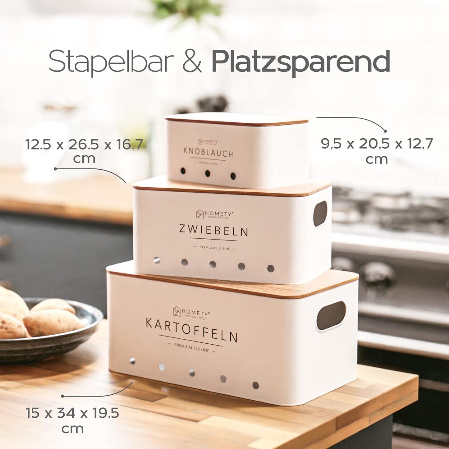 Kartoffel, Zwiebel & Knoblauch Aufbewahrungsboxen-Set (3-teilig), Weiss