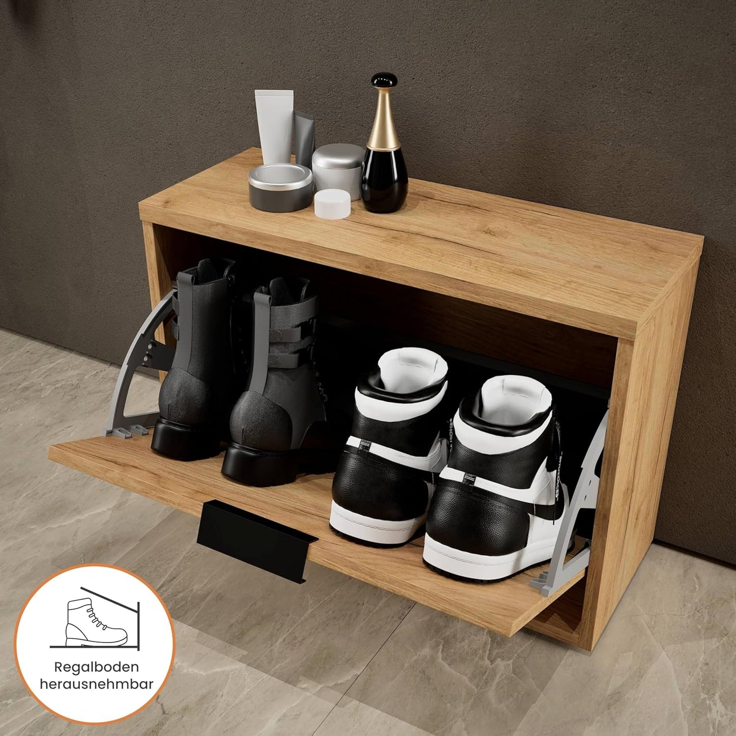 Schuhschrank mit Klappfach und Ablagen, 1 Klappe Gold Eiche