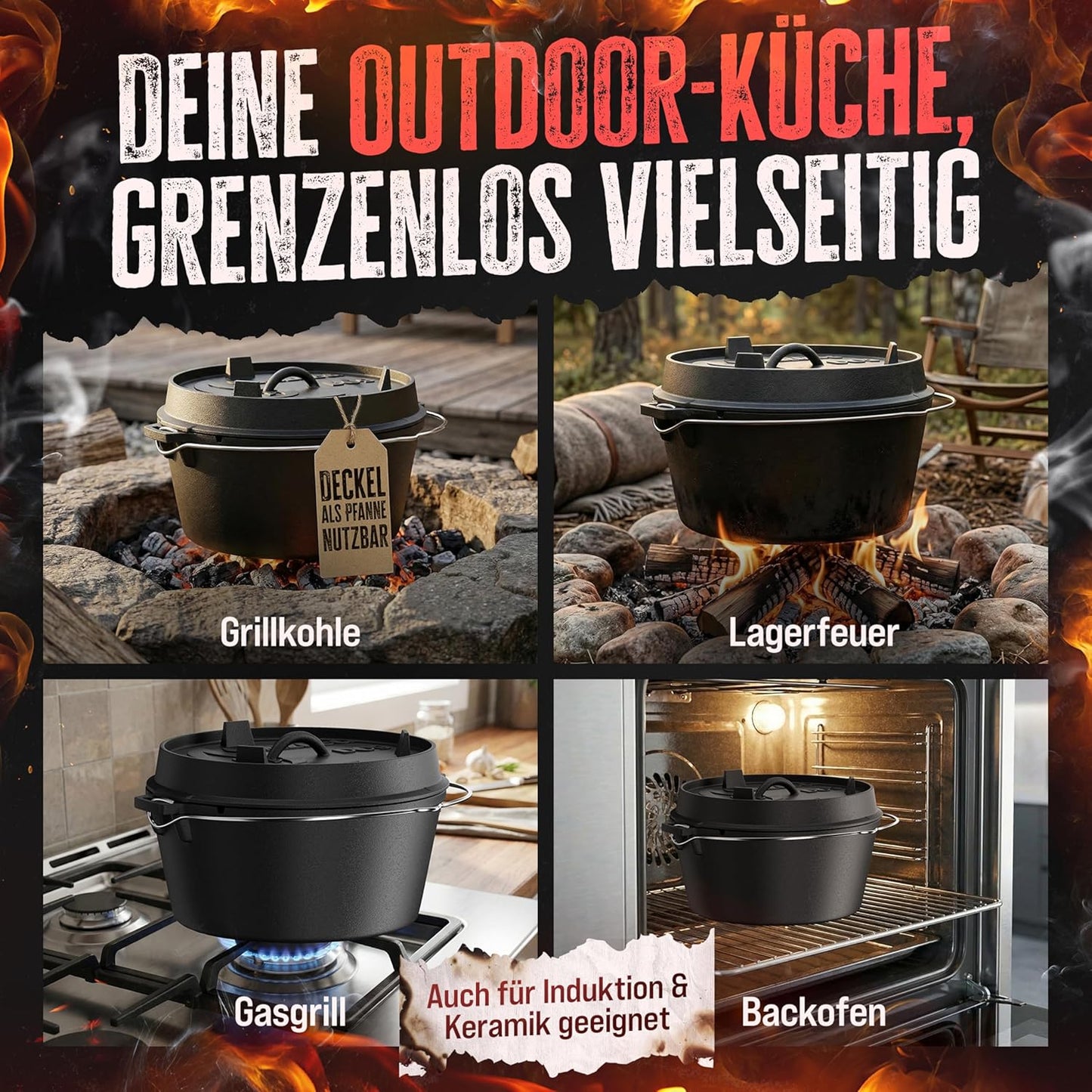 Dutch Oven mit Zubehör, Topf Ohne Füsse 9 Liter